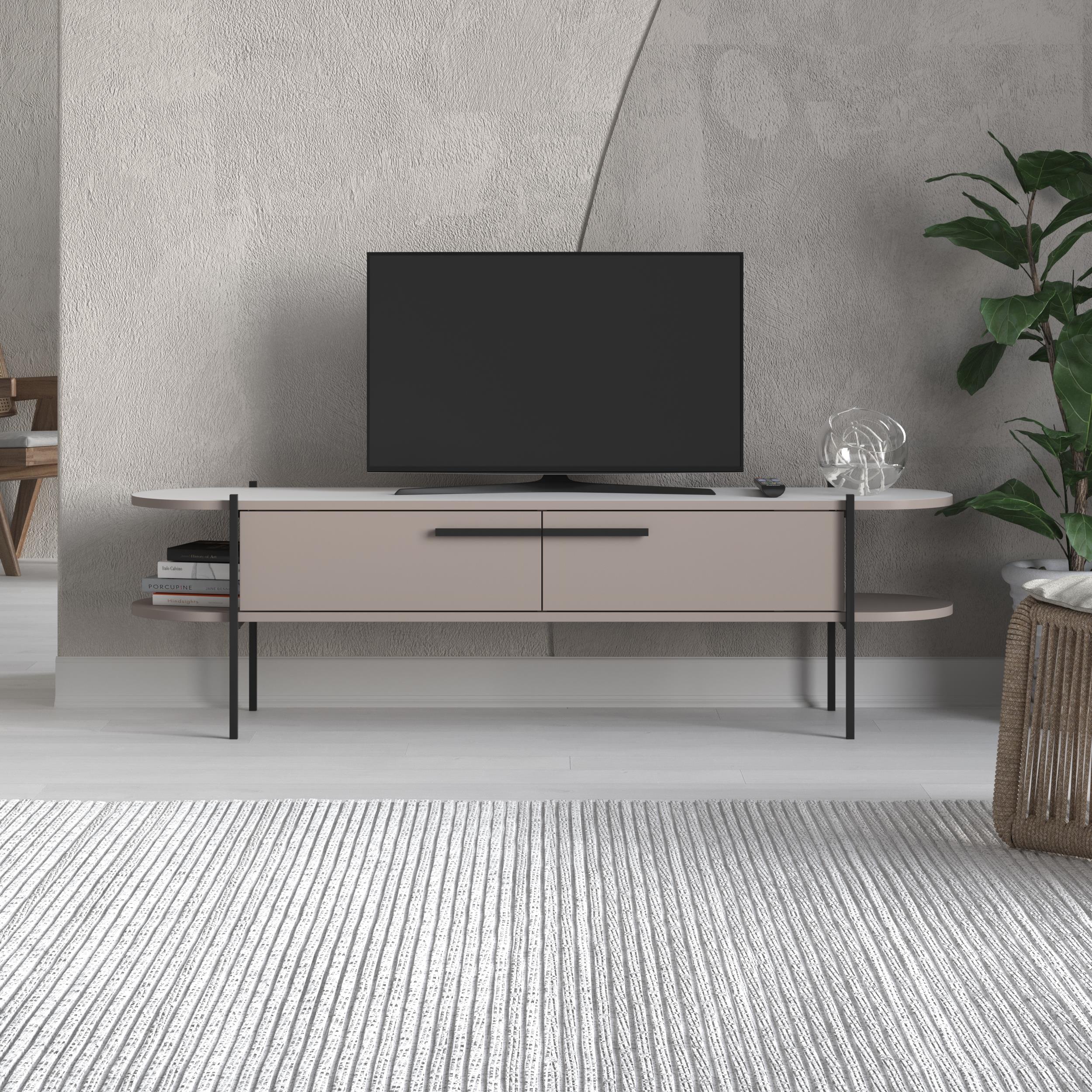 Otis Modern TV Stand Multimedia Centre Metal Leg Storage 160cm – Light Mocha,White
