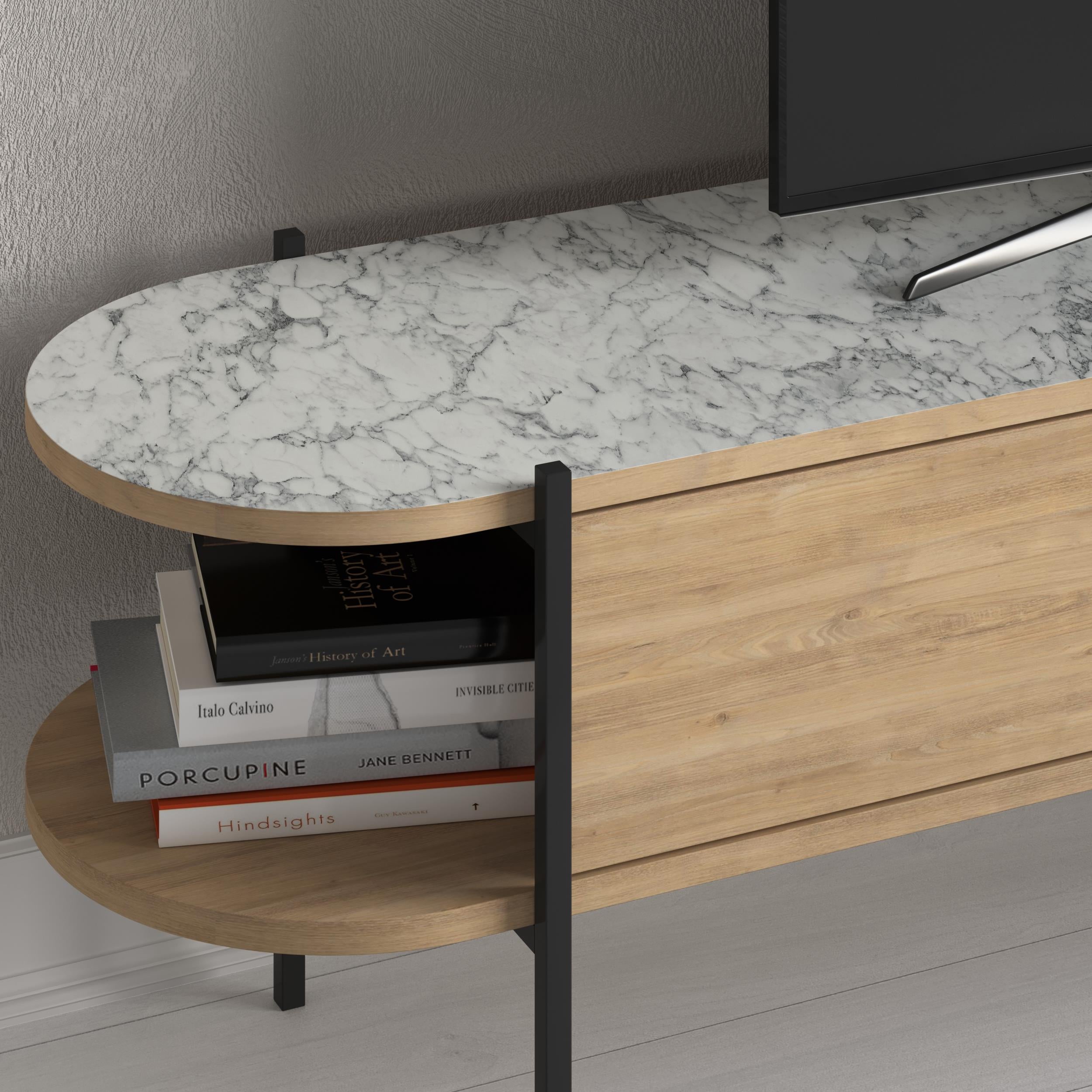 Otis Modern TV Stand Multimedia Centre Metal Leg Storage 160cm – Oak,Carrara