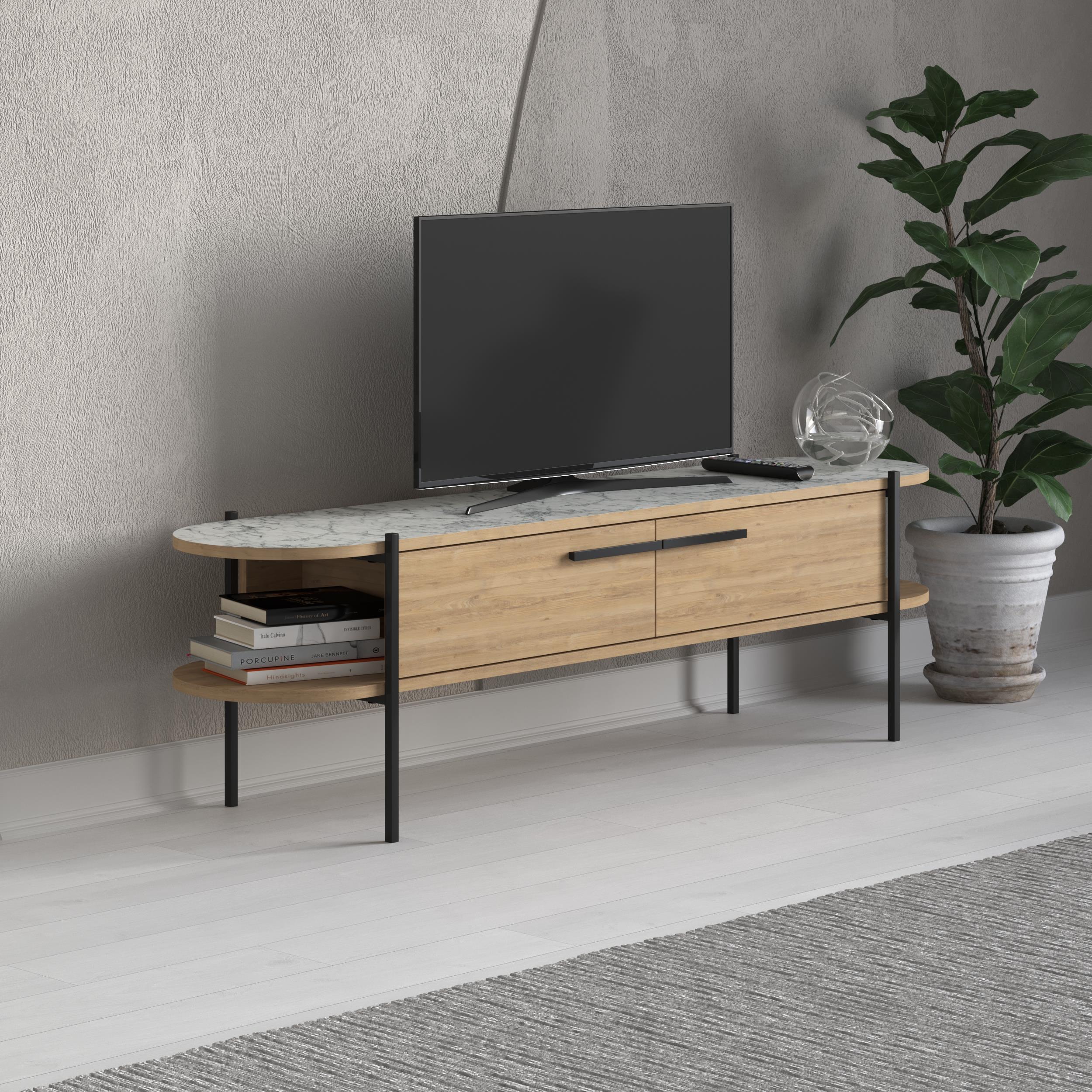 Otis Modern TV Stand Multimedia Centre Metal Leg Storage 160cm – Oak,Carrara