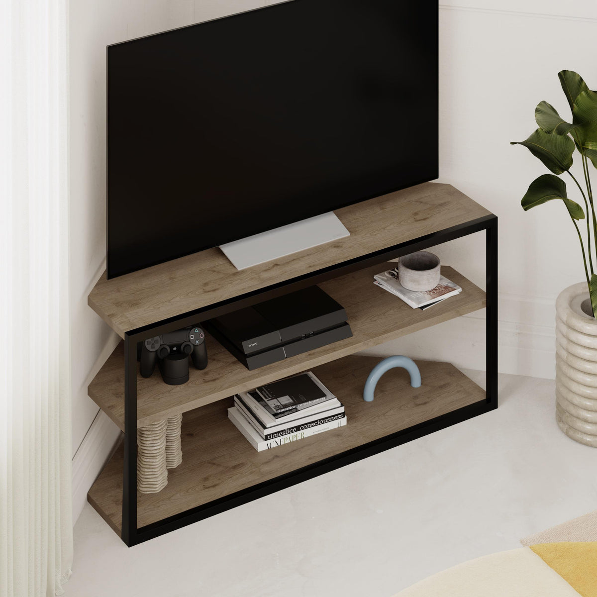 Echo Corner TV Stand – Compact Corner Unit for TVs with Storage Shelves for Living Rooms or Flats in Natural Oak