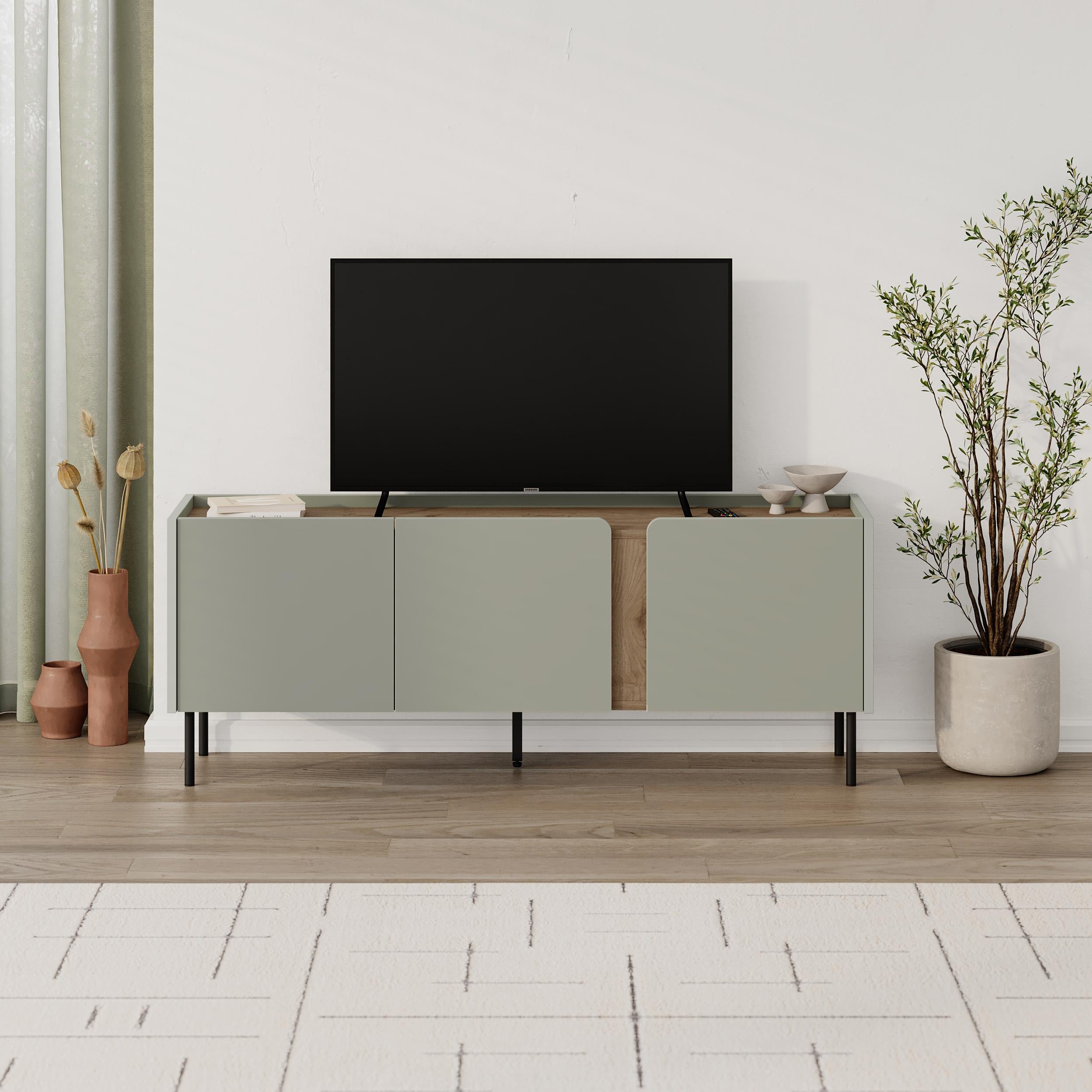 Norm TV Unit 3 Doors - TV Unit with Oak-Effect Accent Panel