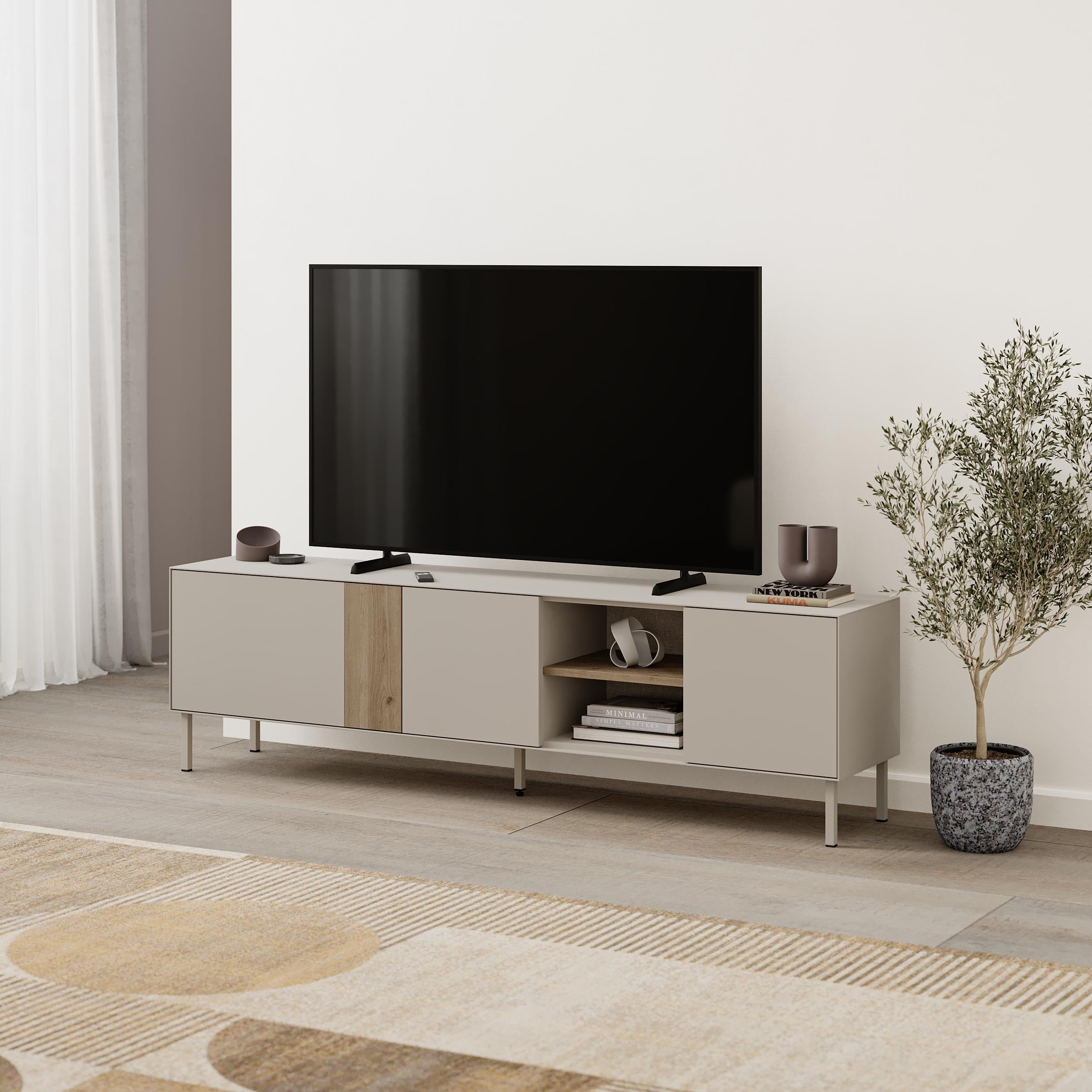 Vena TV Unit 3 Doors-Open Shelves styled in a living room
