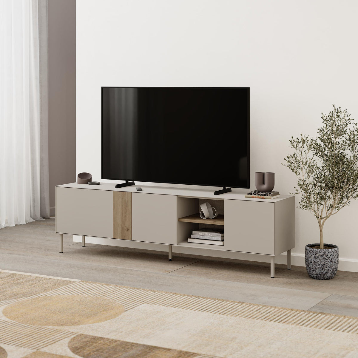 Vena TV Unit 3 Doors-Open Shelves styled in a living room