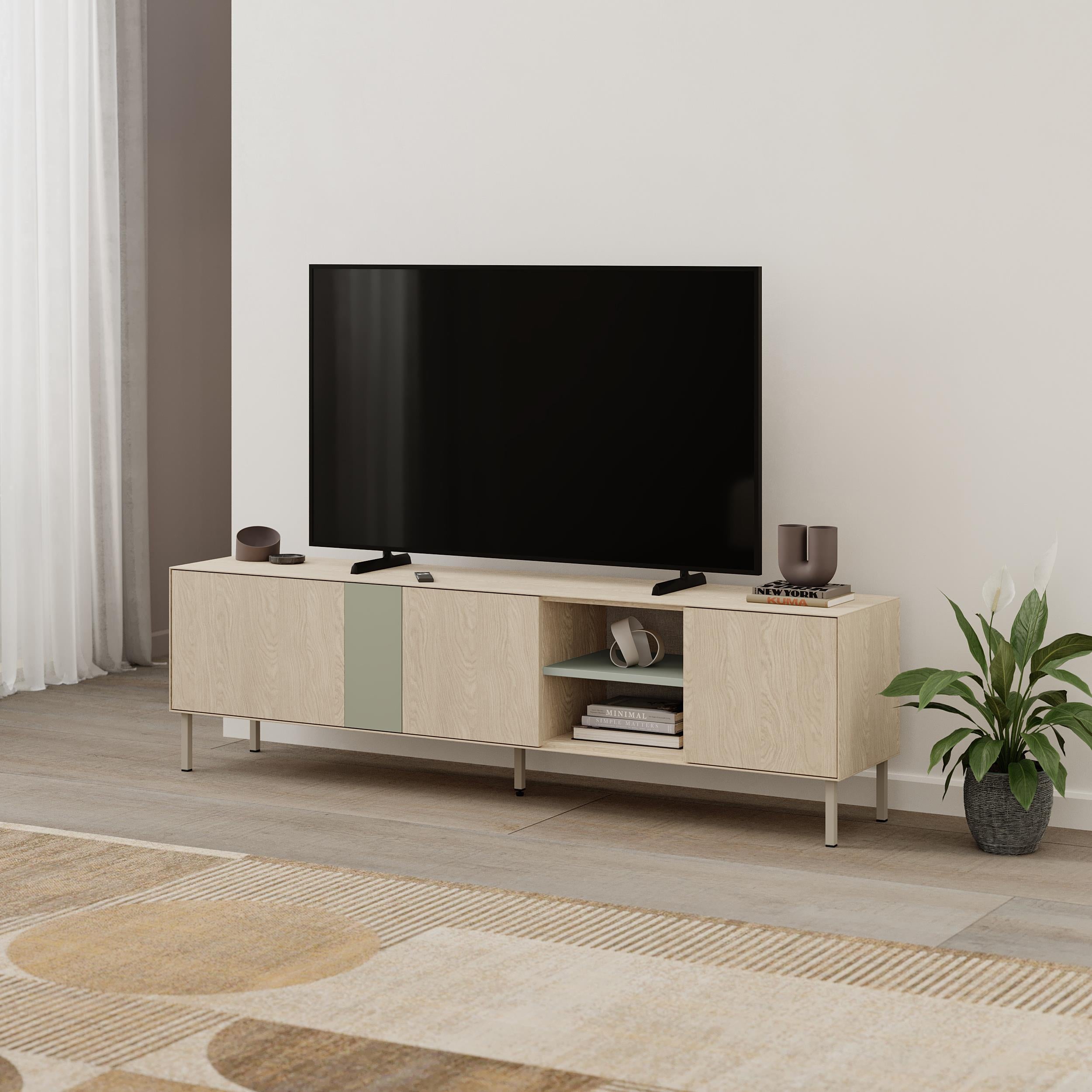 Vena TV Unit 3 Doors-Open Shelves styled in a living room