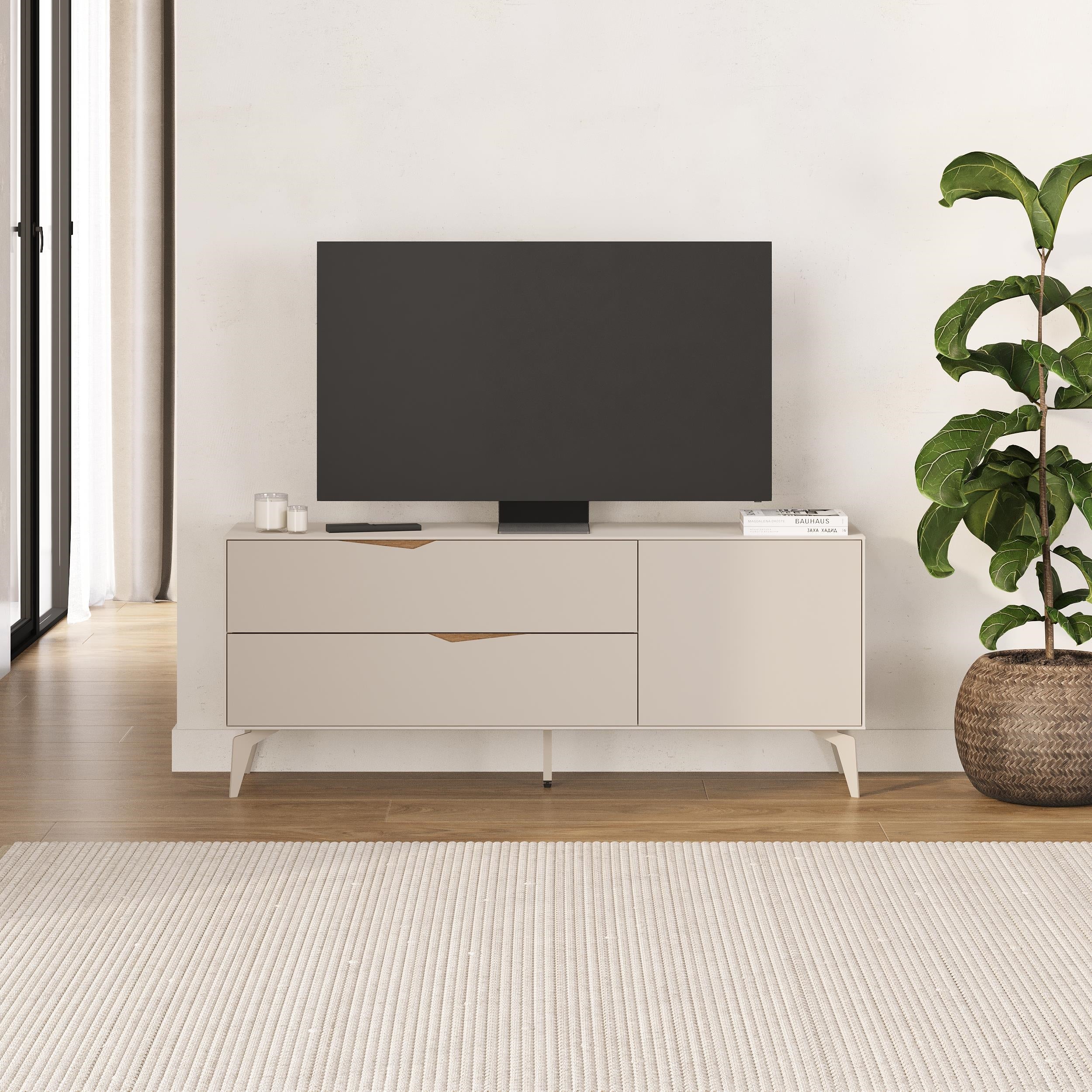 Jaden TV Unit - Sandstone TV Unit with Wave Cutout Handle