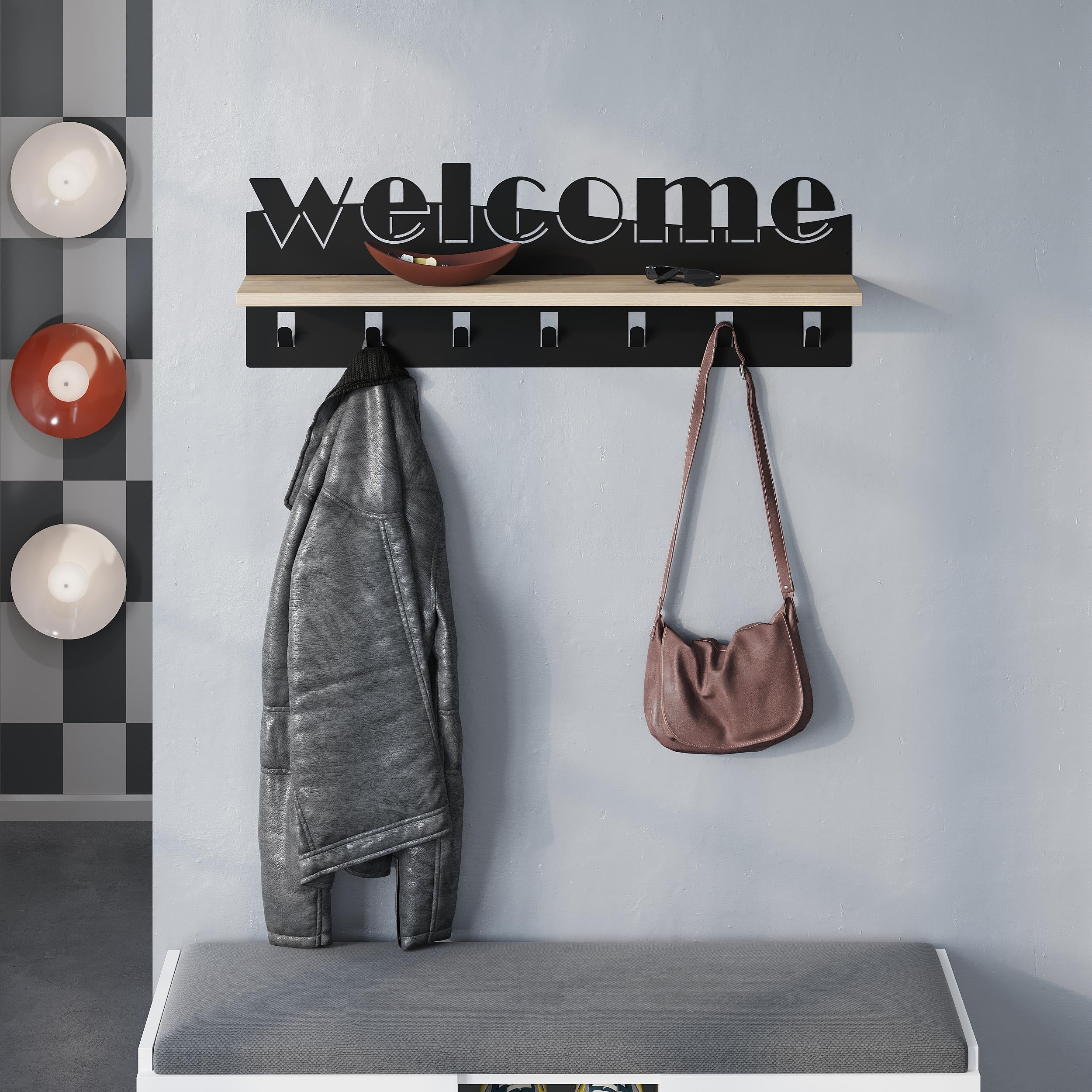 Welcome Hallway Coat Hanger Rack styled in a hallway