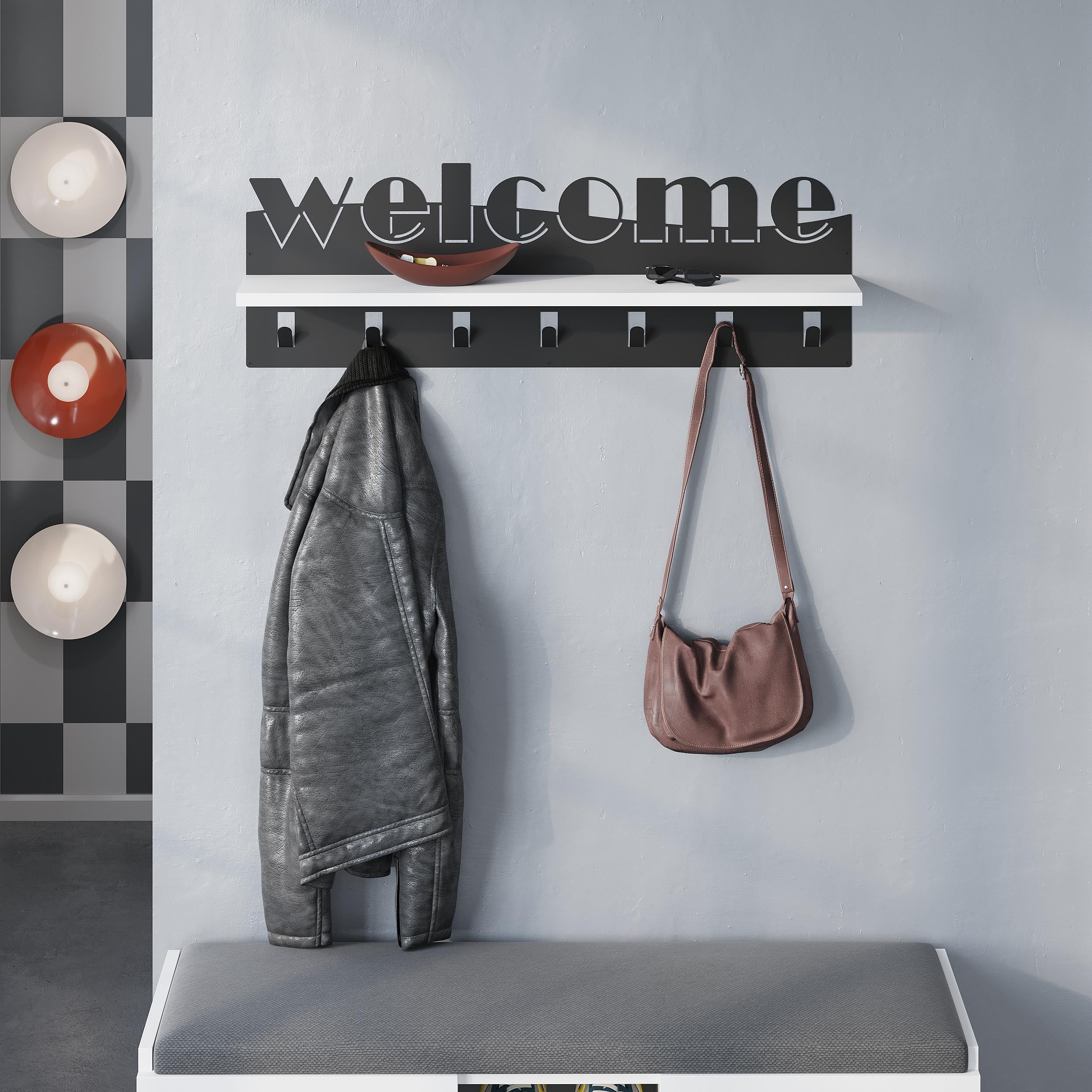 Welcome Hallway Coat Hanger Rack styled in a hallway