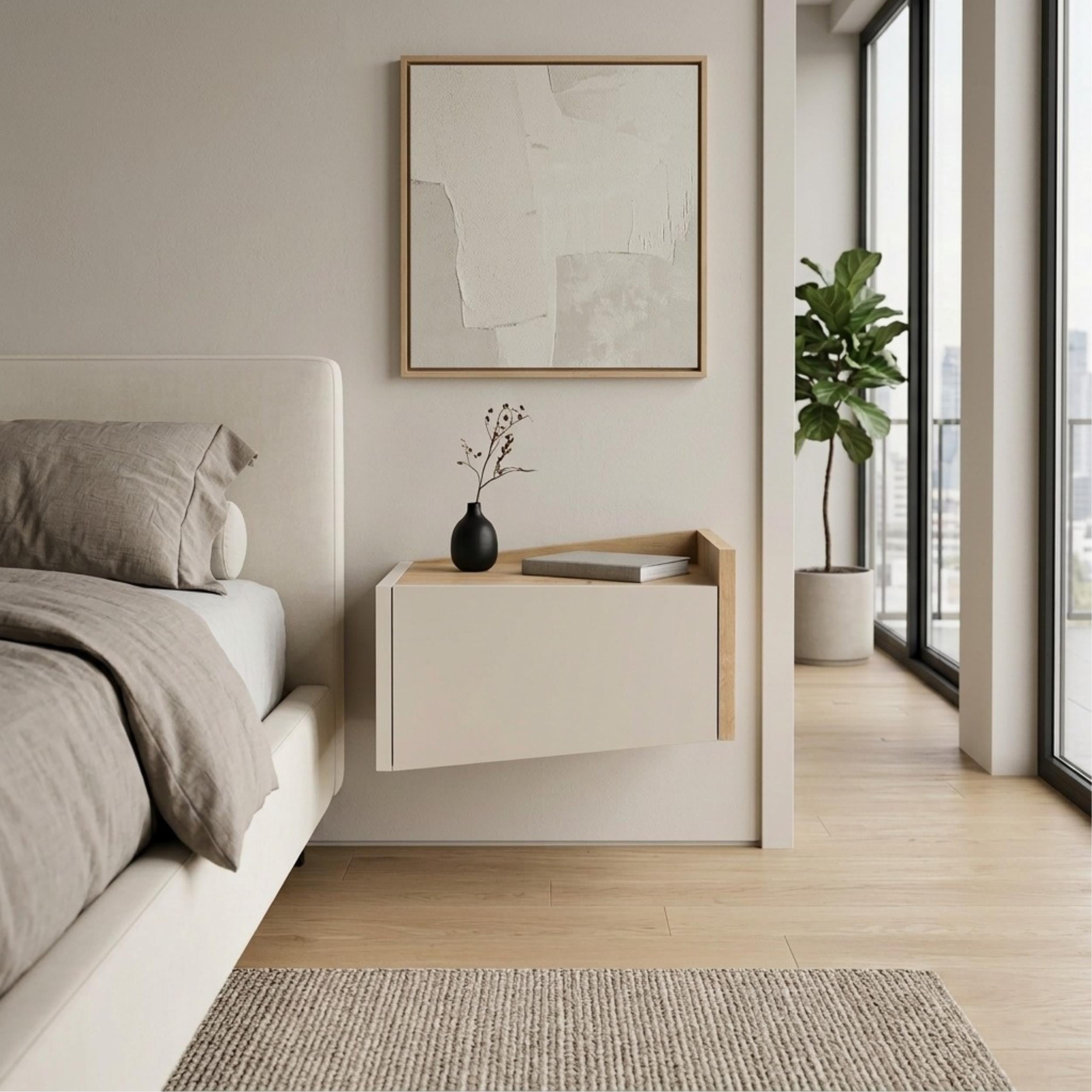 Diago Floating Bedside Table Right - styled in a bedroom setting