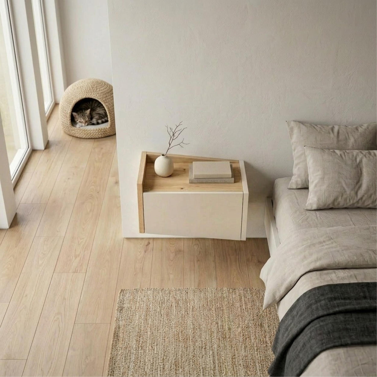 Diago Floating Bedside Table Left - styled in a bedroom setting