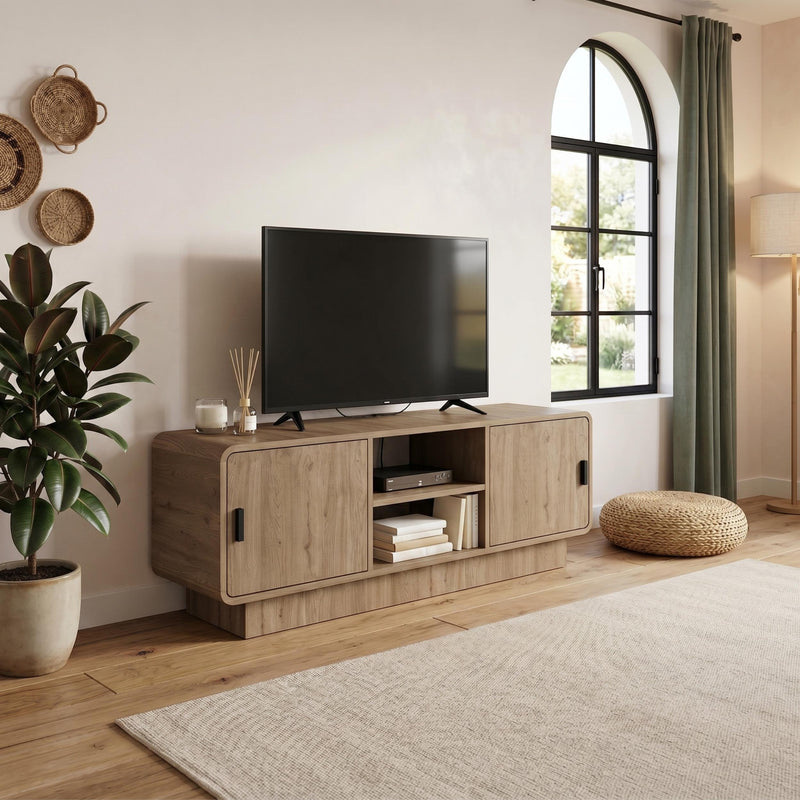 Rovel TV Unit Natural Oak with Storage and Shelves