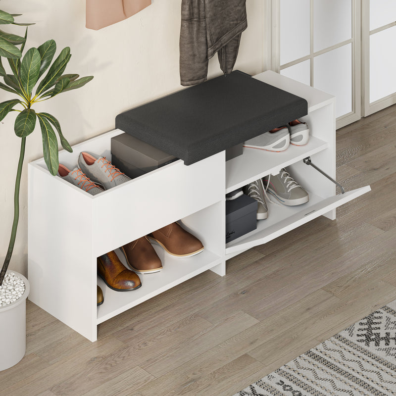 Filux Shoe Bench – open storage compartment view – hallway bench with shoe storage – Decortie