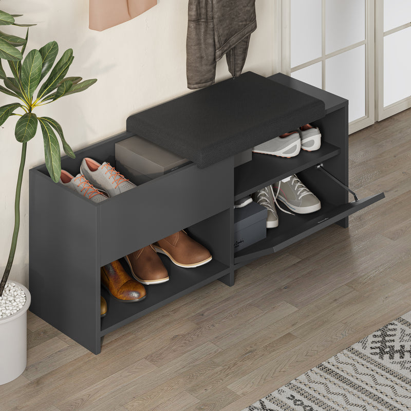 Filux Shoe Bench – open storage compartment view – hallway bench with shoe storage – Decortie
