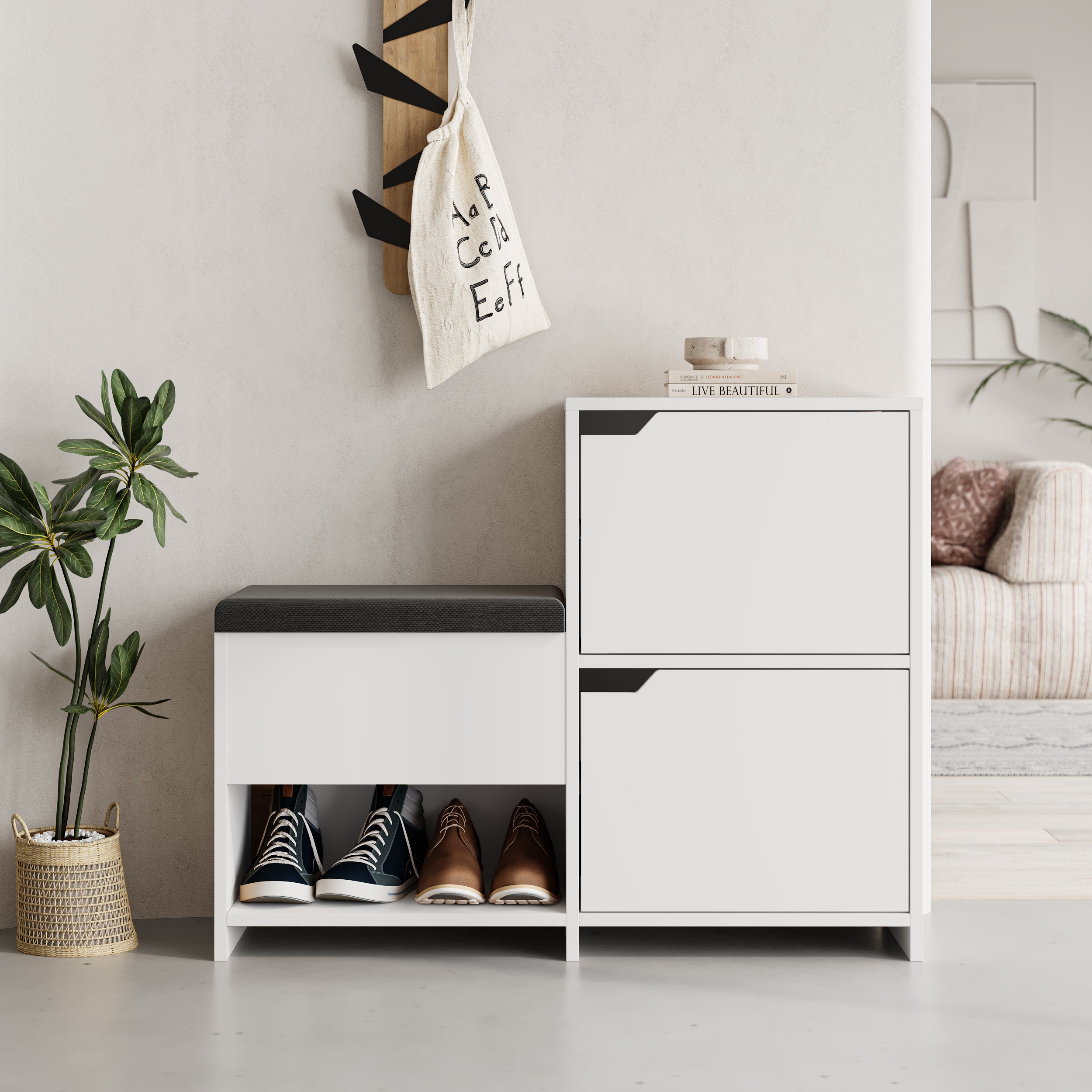 Haven Shoe Bench – 101cm Stair-Shaped Hallway Storage with Seat – White