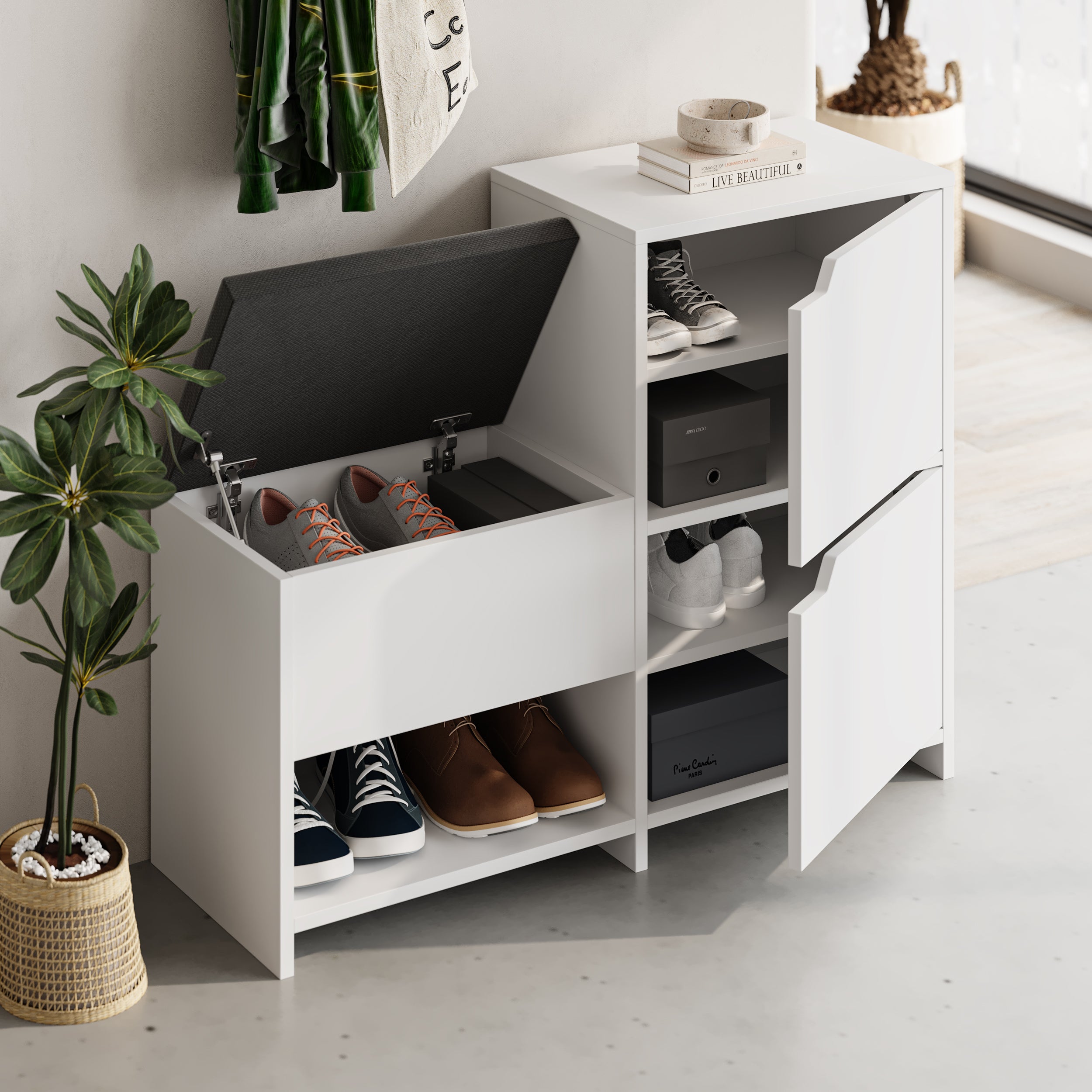 Haven Shoe Bench – 101cm Stair-Shaped Hallway Storage with Seat – White