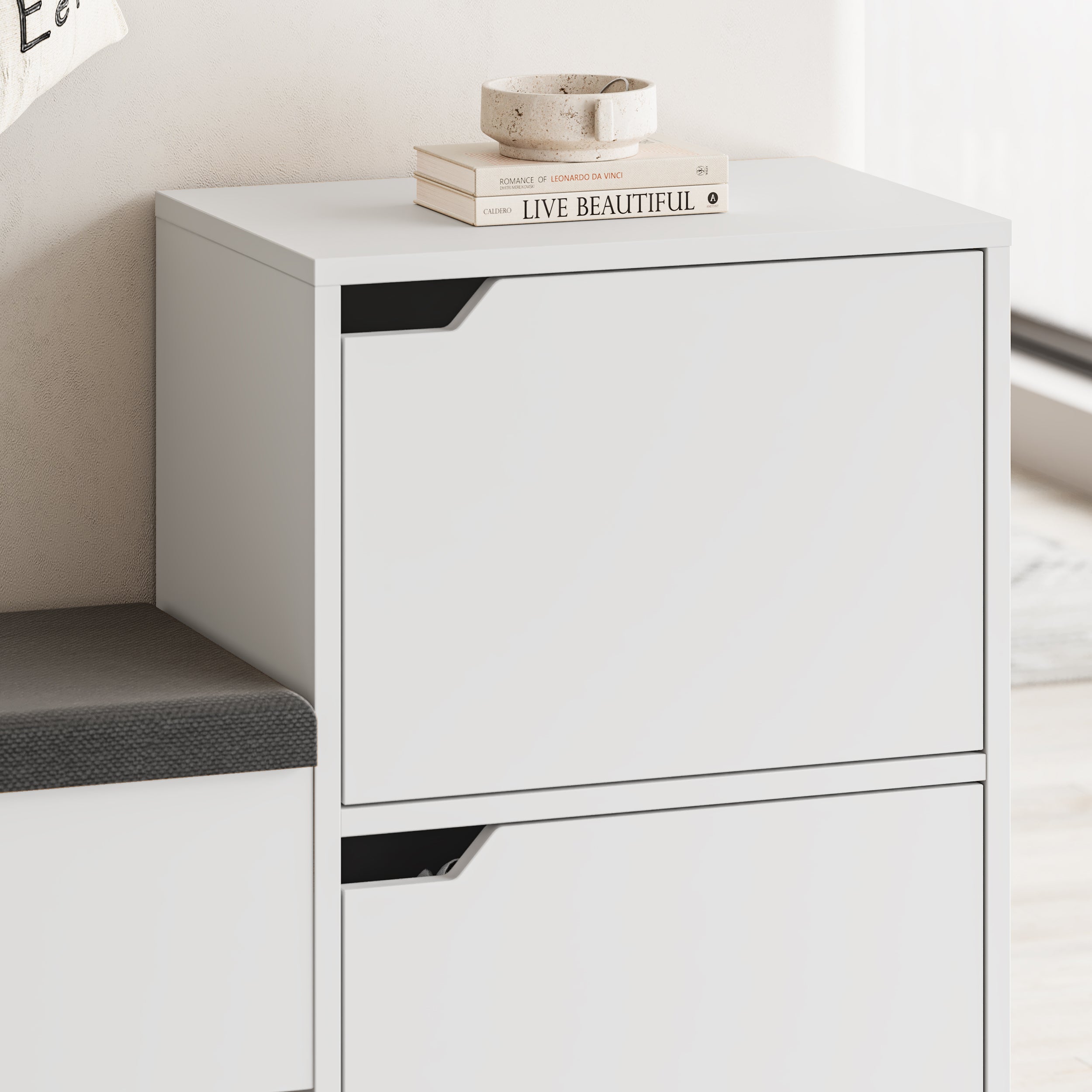 Haven Shoe Bench – 101cm Stair-Shaped Hallway Storage with Seat – White
