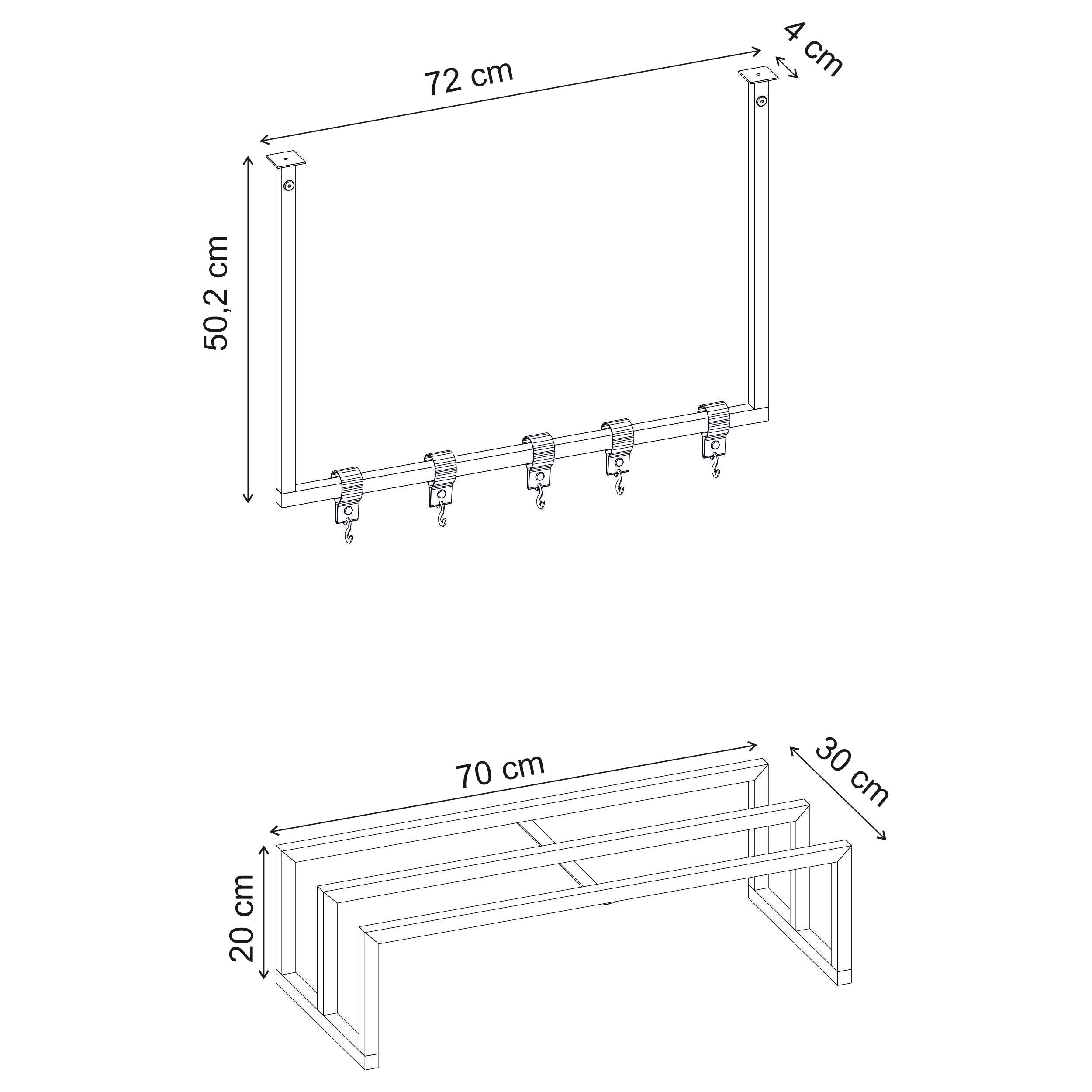 Roya Hall Set Shoe Rack, 5 Metal Hook Wall Rail Black 72 x 30 x 50.2 cm – dimensions (cm)