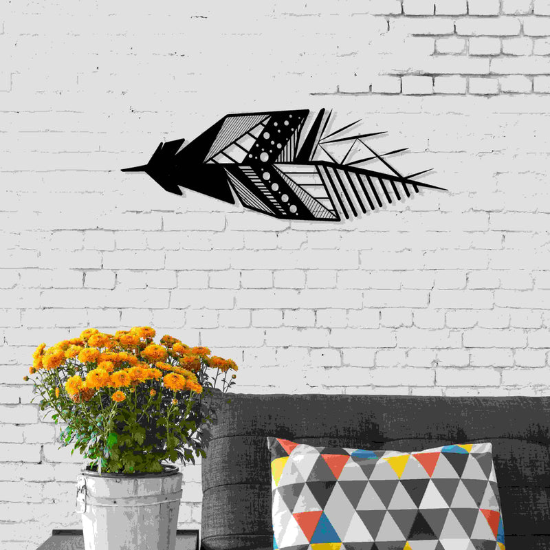 Metal Wall Art No.13 Feather in Black, hung in a hallway