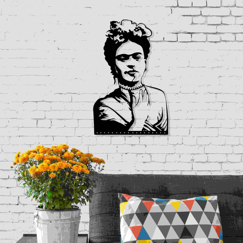 Metal Wall Art No.15 Frida in Black, portrait silhouette with flower crown