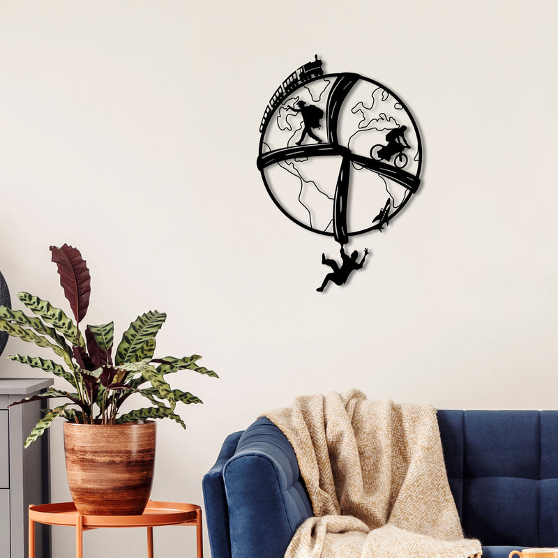 Free Soul Metal Wall Art in Black, quartered globe travel design