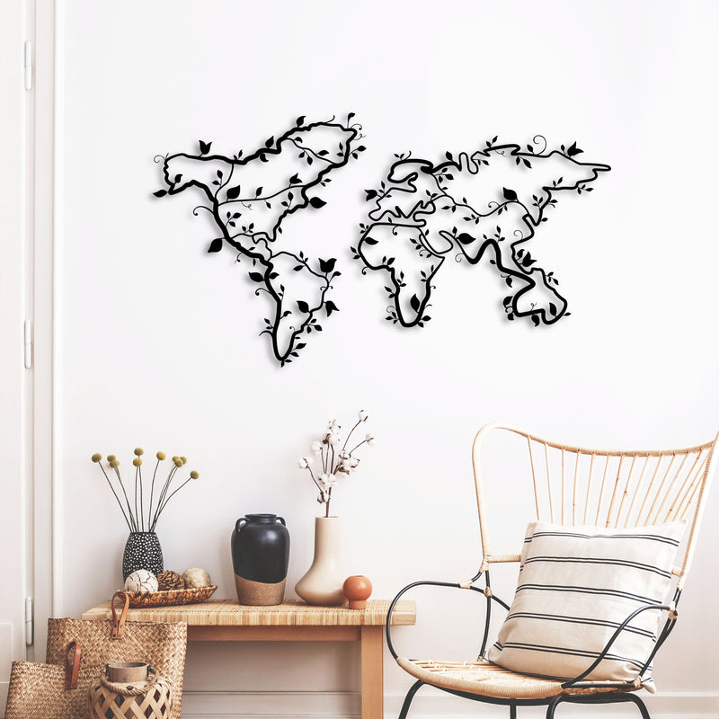 Ivy World Metal Wall Art in Black, world map with trailing ivy leaves and vines