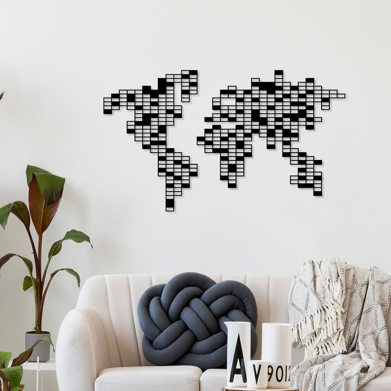 Pixel Metal Wall Art in Black, pixelated grid world map design