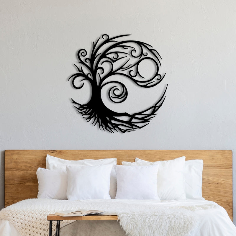 Tree Of Life Metal Wall Art (60x60cm) in Black, hung on a living room wall