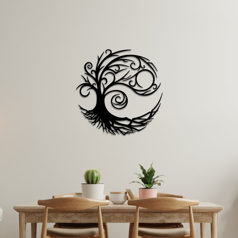 Tree Of Life Metal Wall Art (75x75cm) in Black, hung on a living room wall
