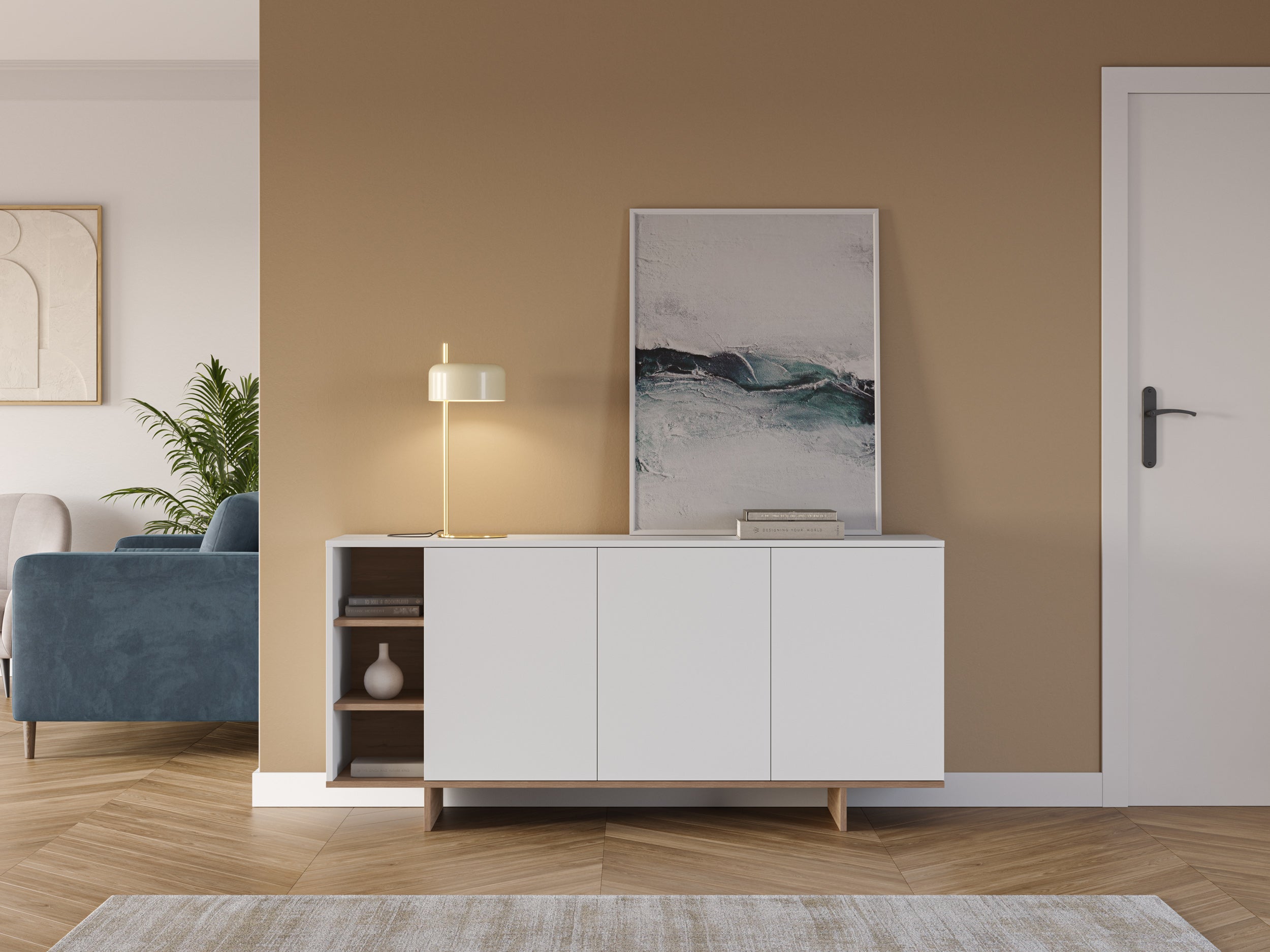 Stockton Modern Console Unit with Open Shelves – White,Sapphire Oak