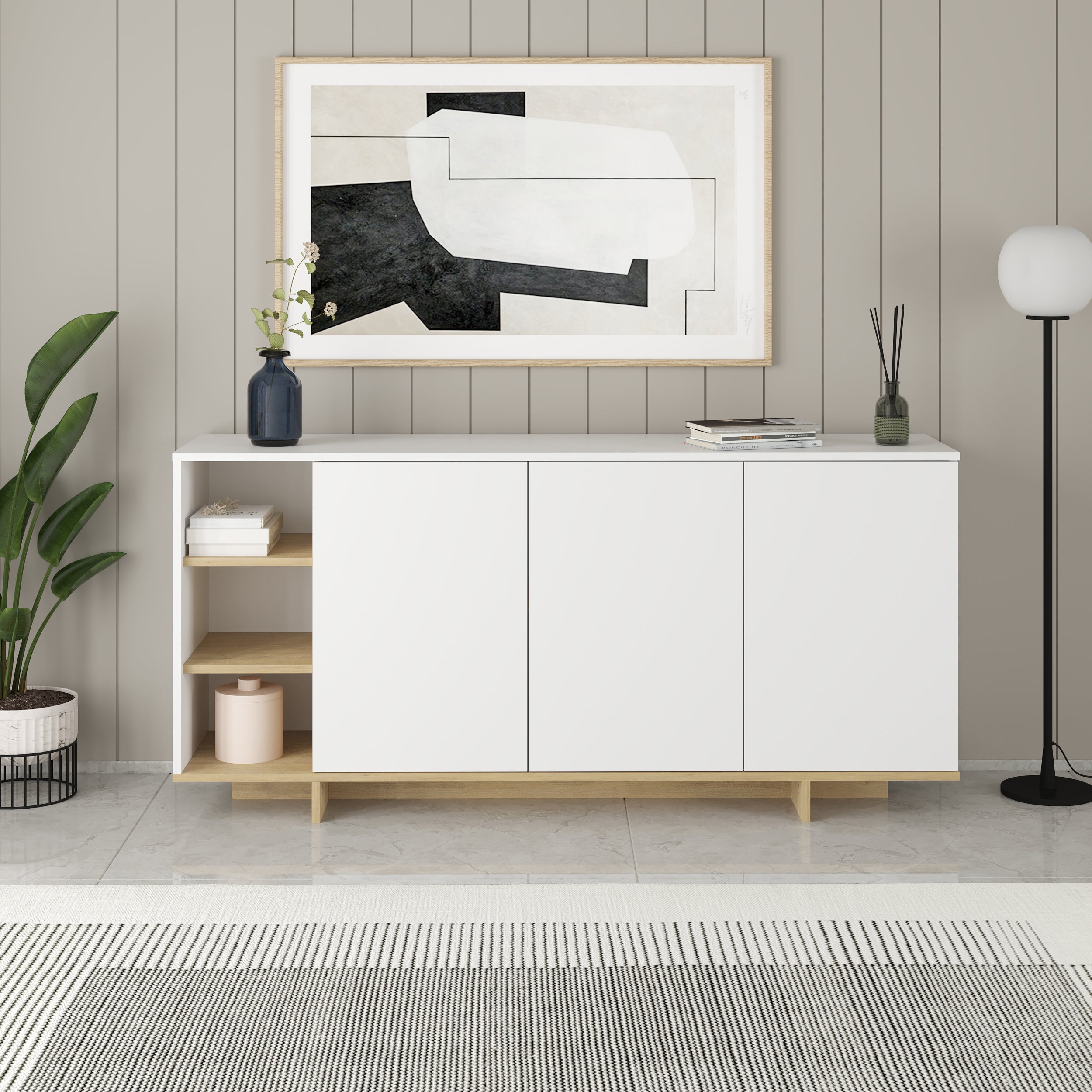 Stockton Modern Console Unit with Open Shelves – White,Sapphire Oak