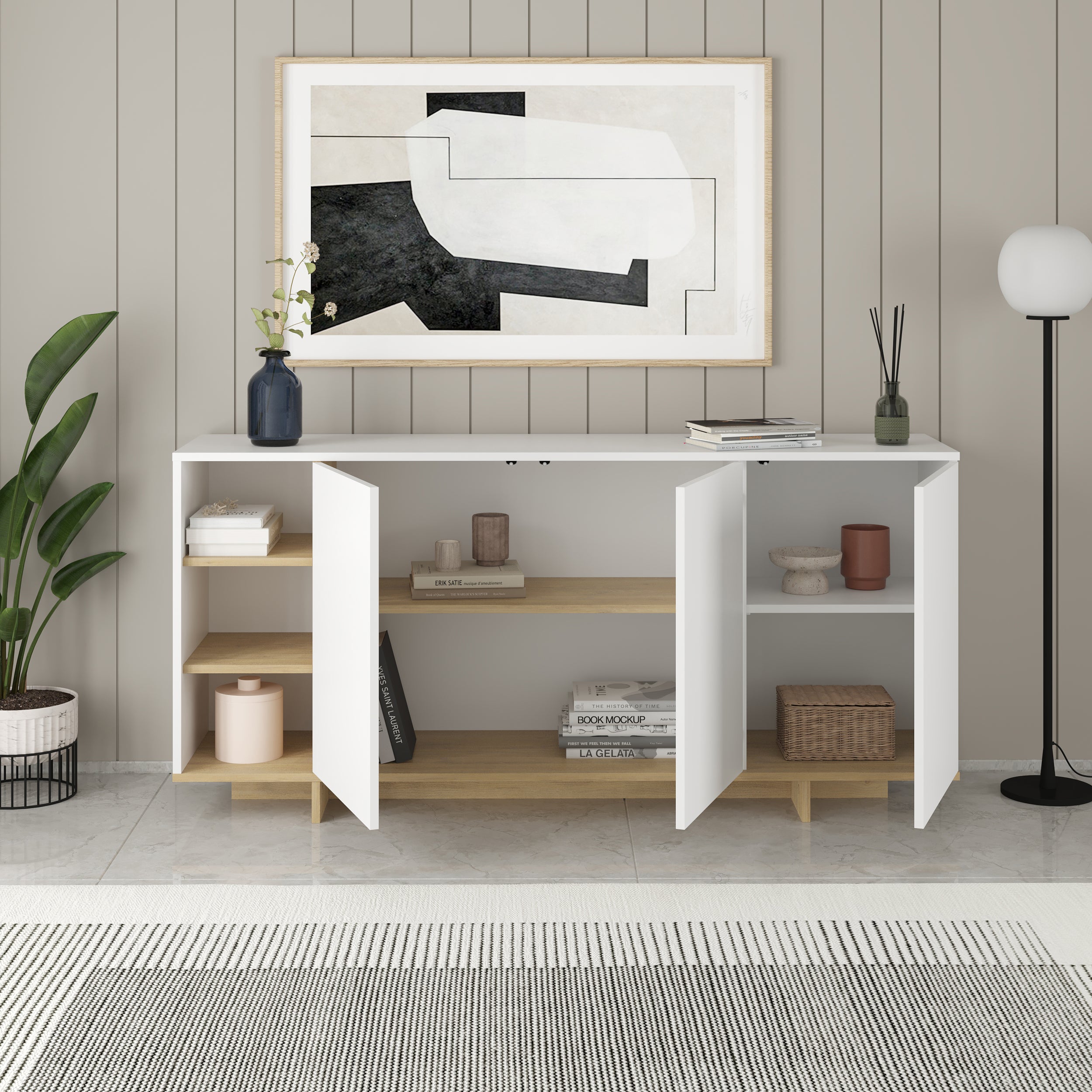 Stockton Modern Console Unit with Open Shelves – White,Sapphire Oak