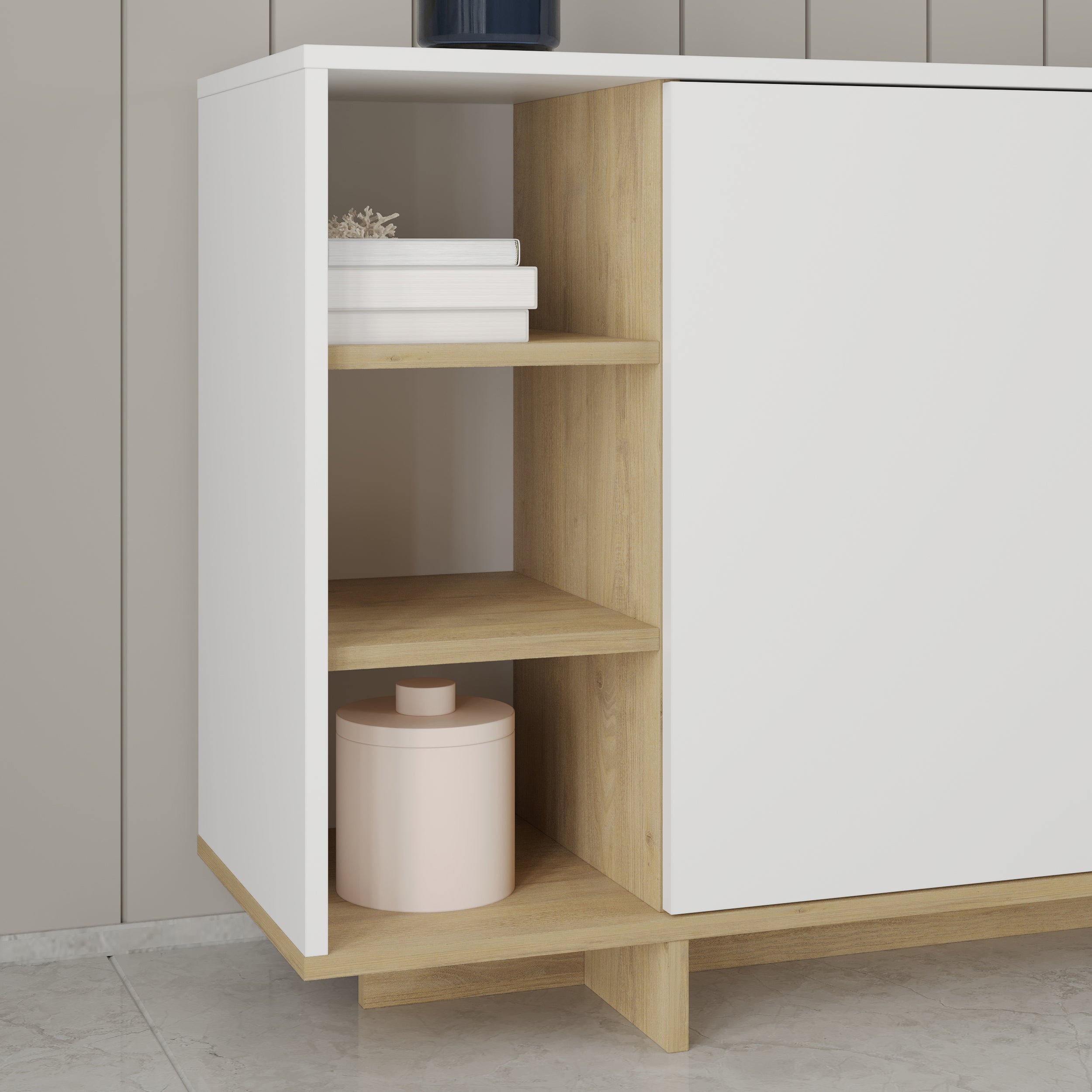 Stockton Modern Console Unit with Open Shelves – White,Sapphire Oak