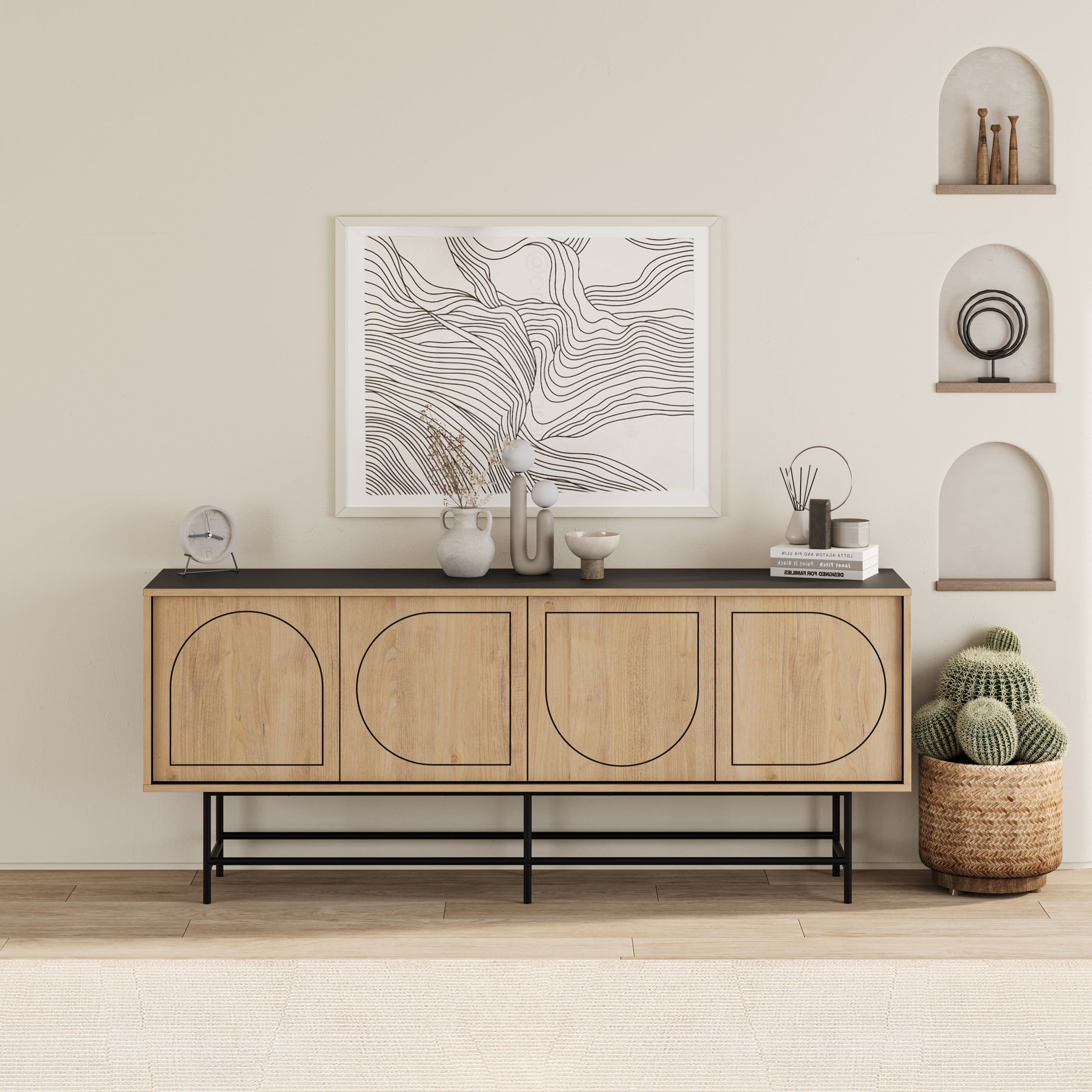 Joji Modern Sideboard Console Unit - Silky Black and Oak – Silky Black,Sapphire Oak