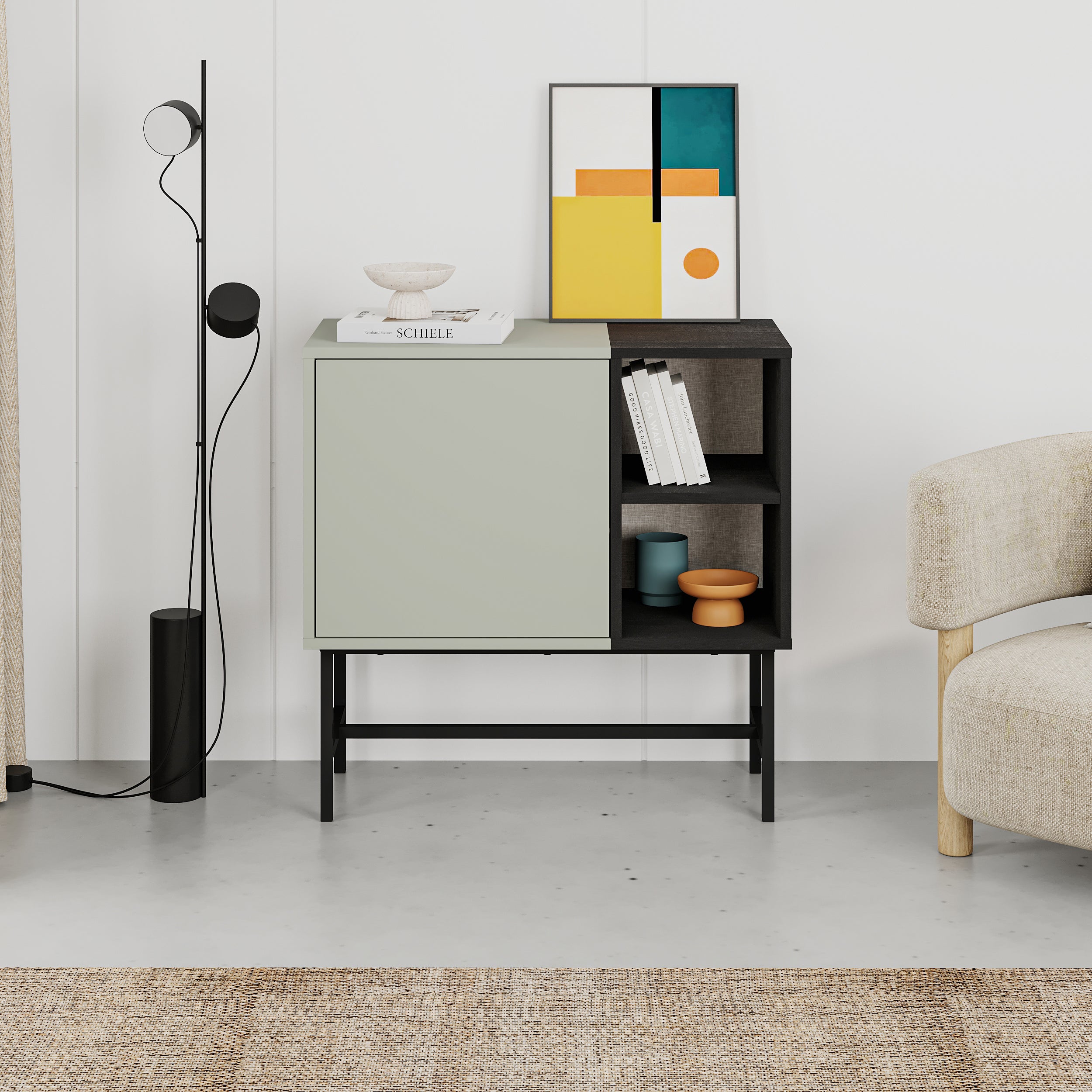 Mona Mini Console Table with Storage & Shelves – (metal Black) Ash Green,Black Wood