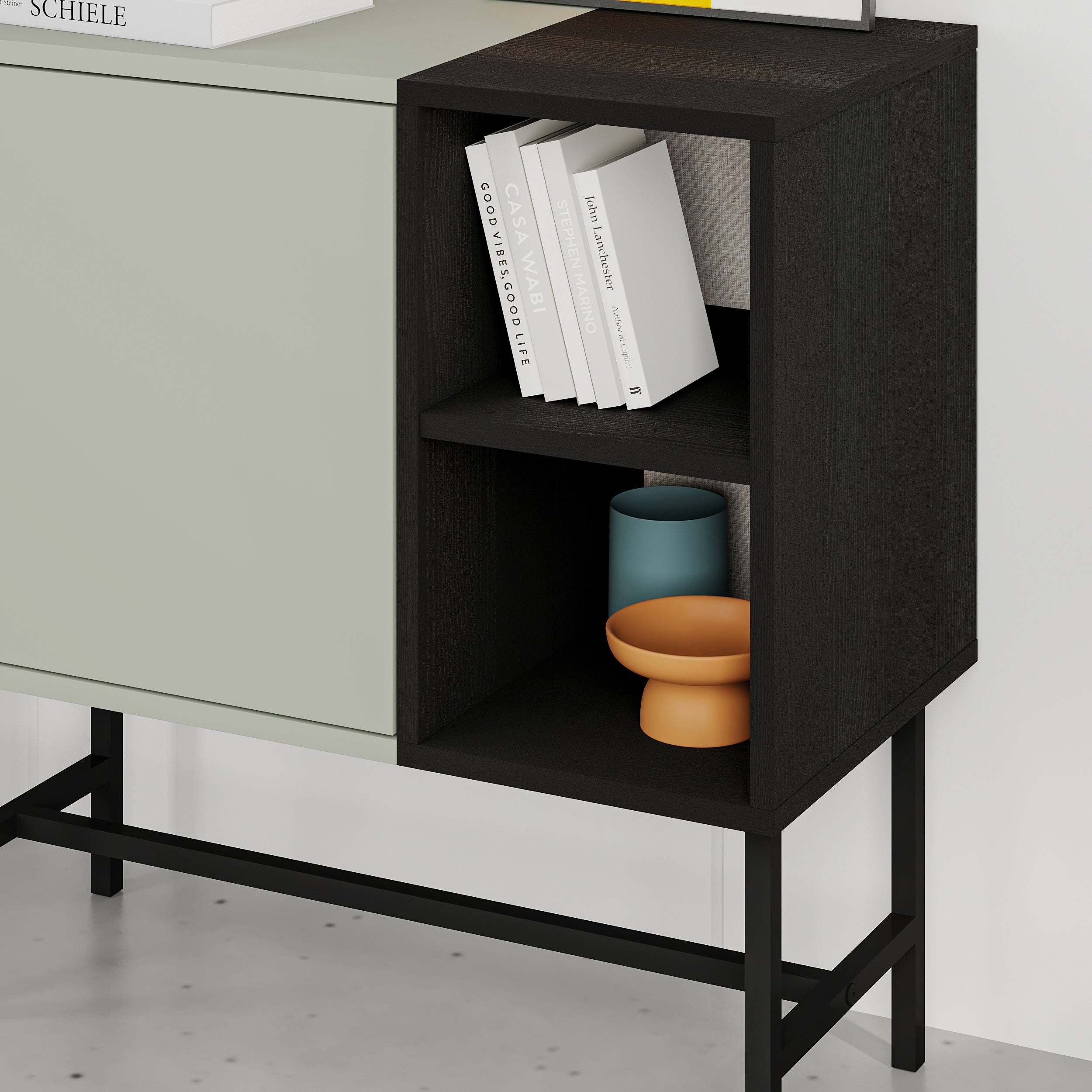 Mona Mini Console Table with Storage & Shelves – (metal Black) Ash Green,Black Wood
