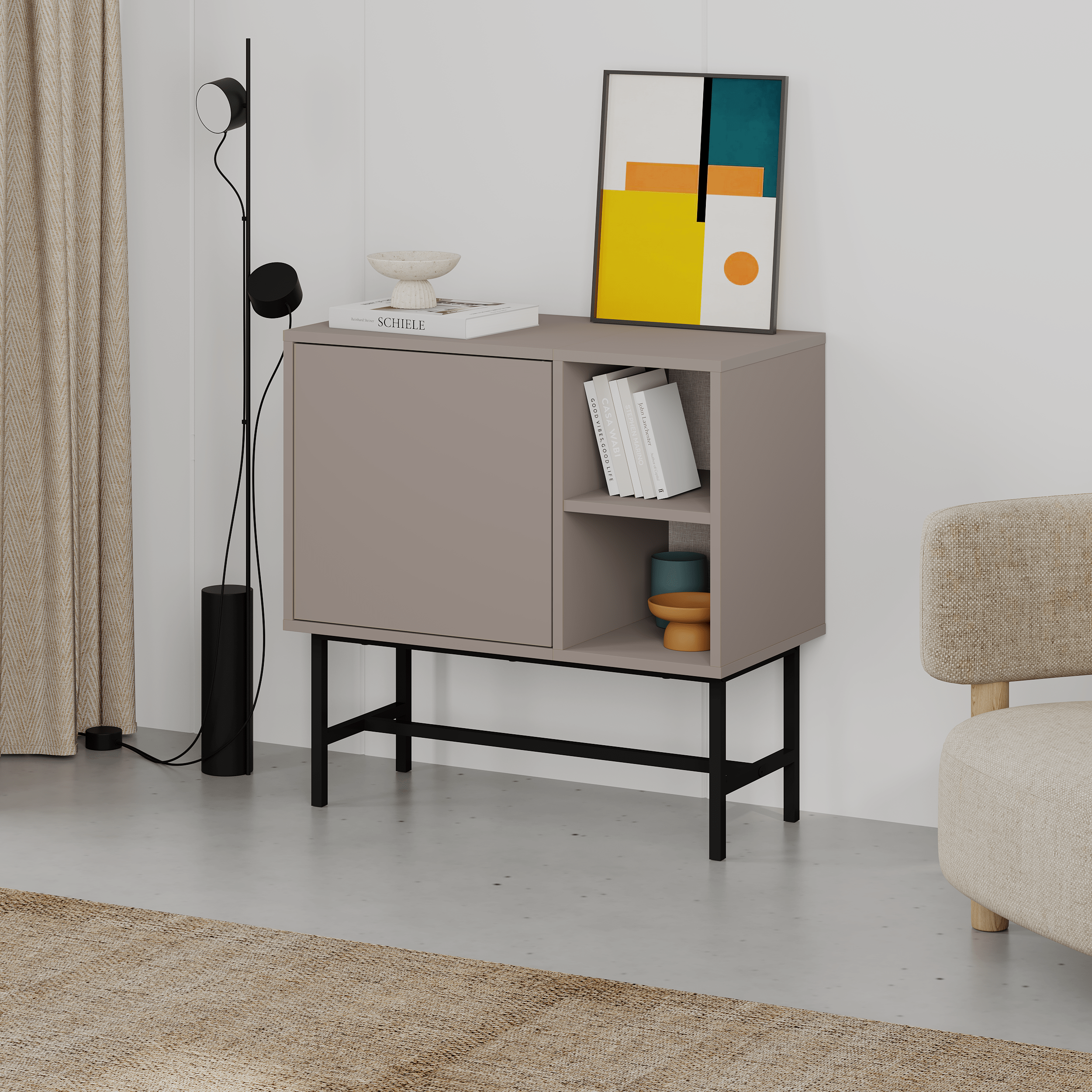 Mona Mini Console Table with Storage & Shelves – (metal Black) Light Mocha