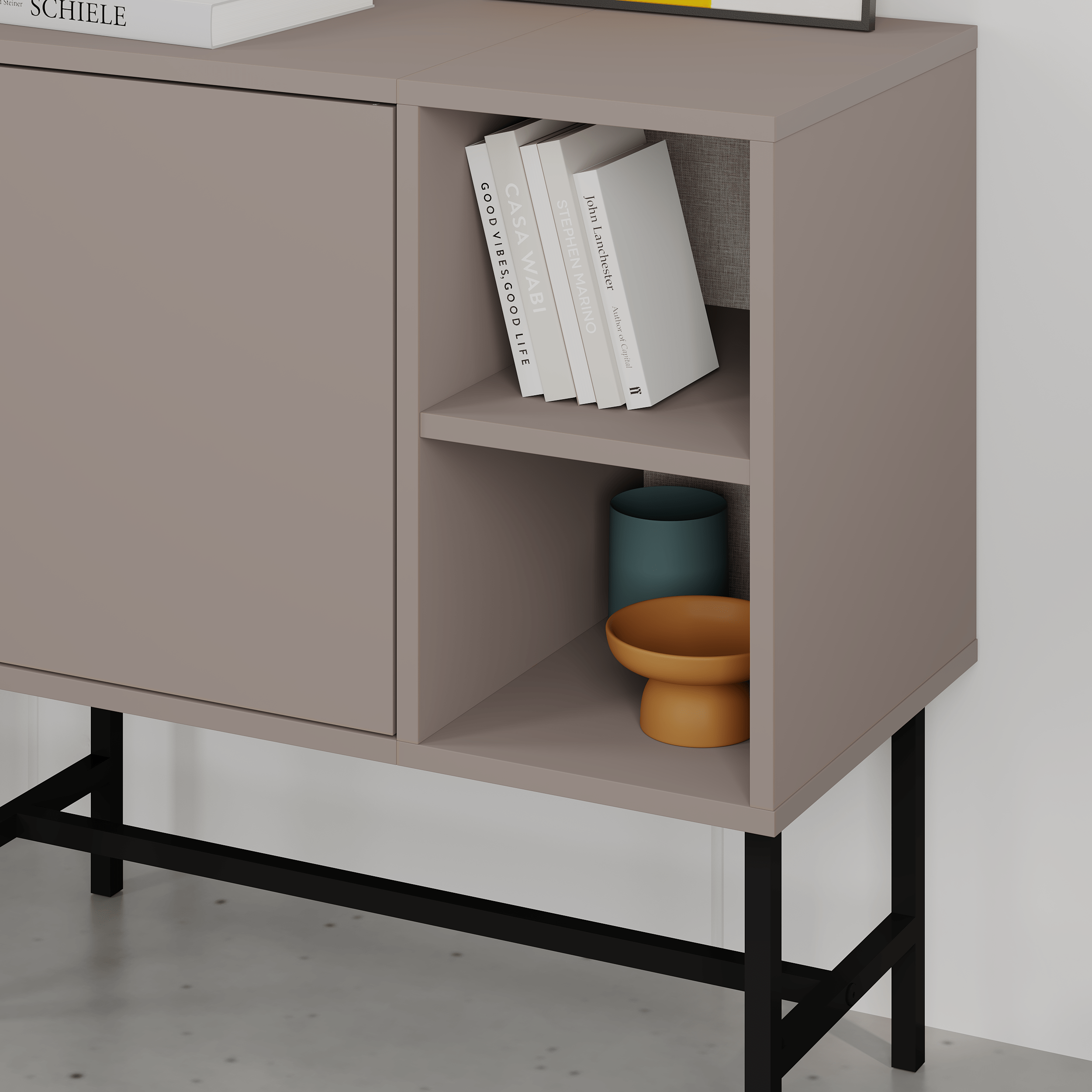 Mona Mini Console Table with Storage & Shelves – (metal Black) Light Mocha