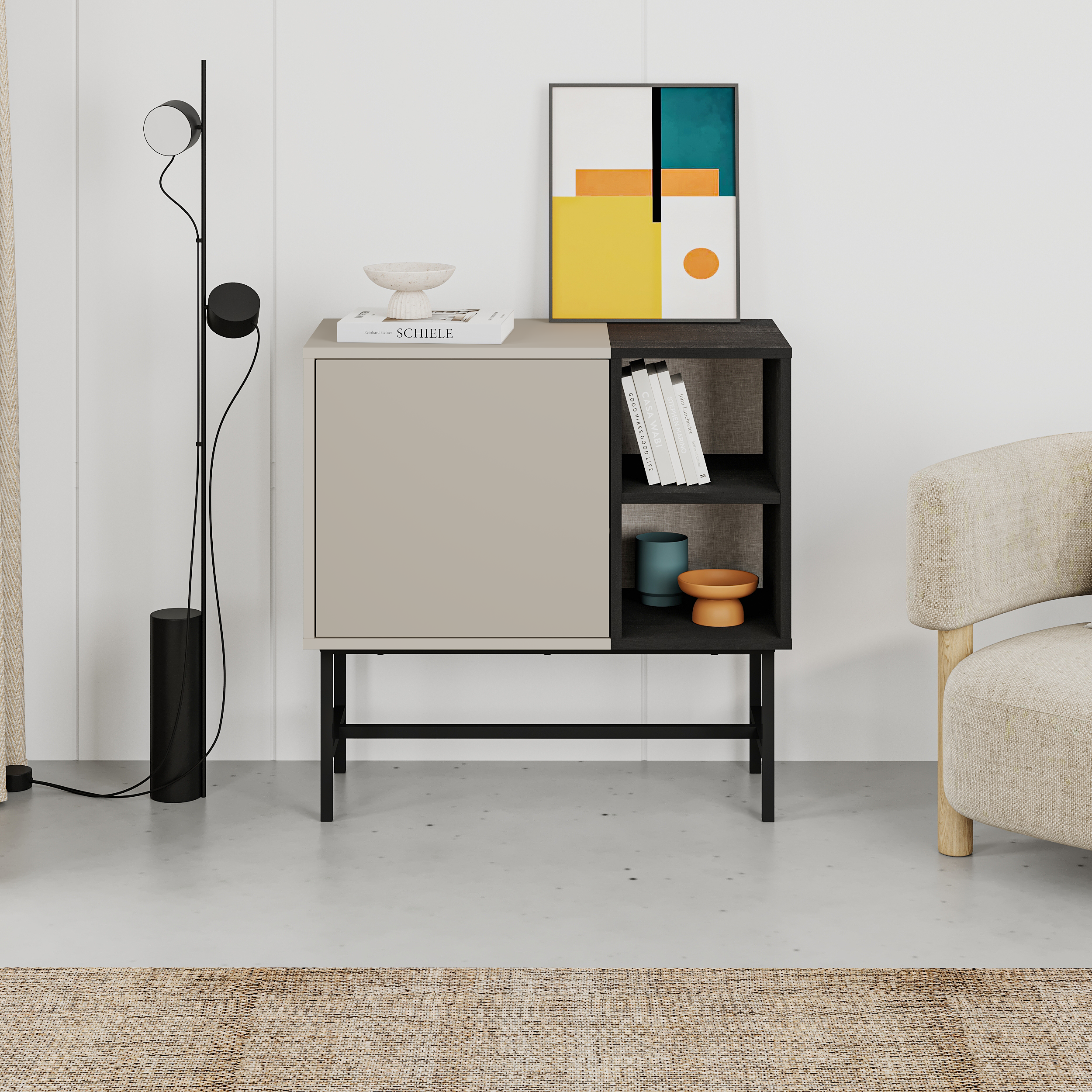 Mona Mini Console Table with Storage & Shelves – (metal Black) Sandstone,Black Wood