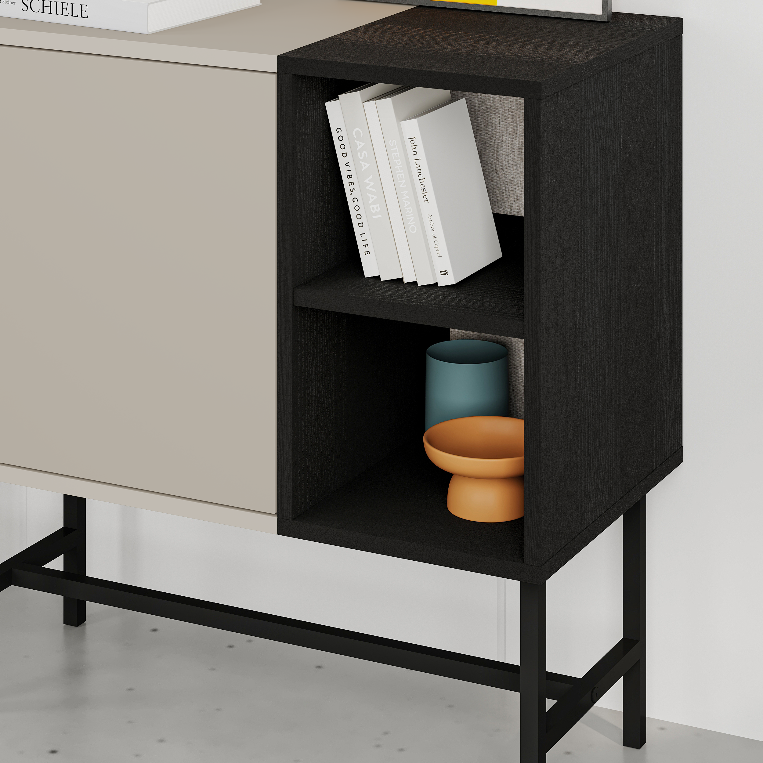 Mona Mini Console Table with Storage & Shelves – (metal Black) Sandstone,Black Wood