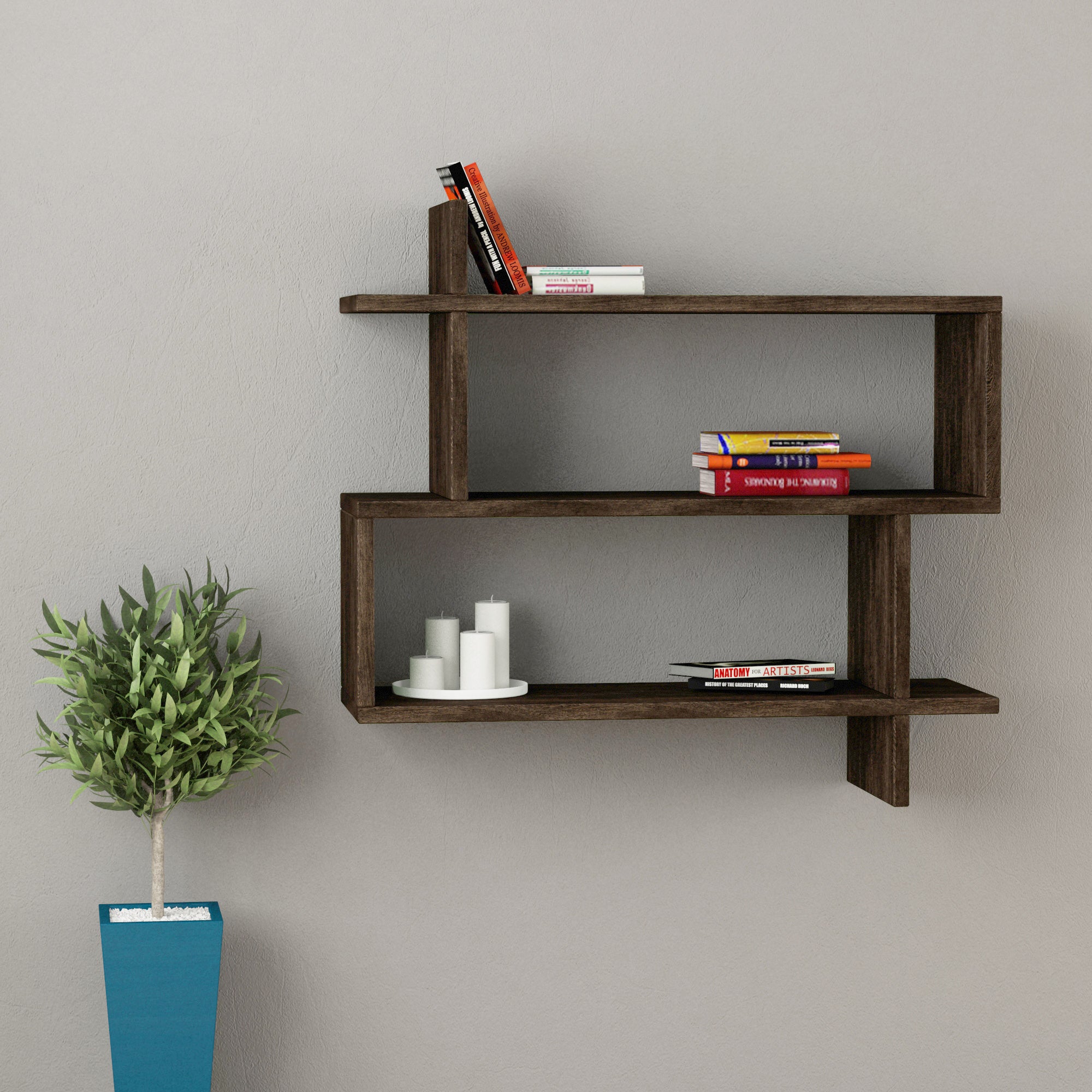Paralel Wall Bookcase 70cm – 2-Tier Wall Mounted Bookcase Display Unit – Dark Brown