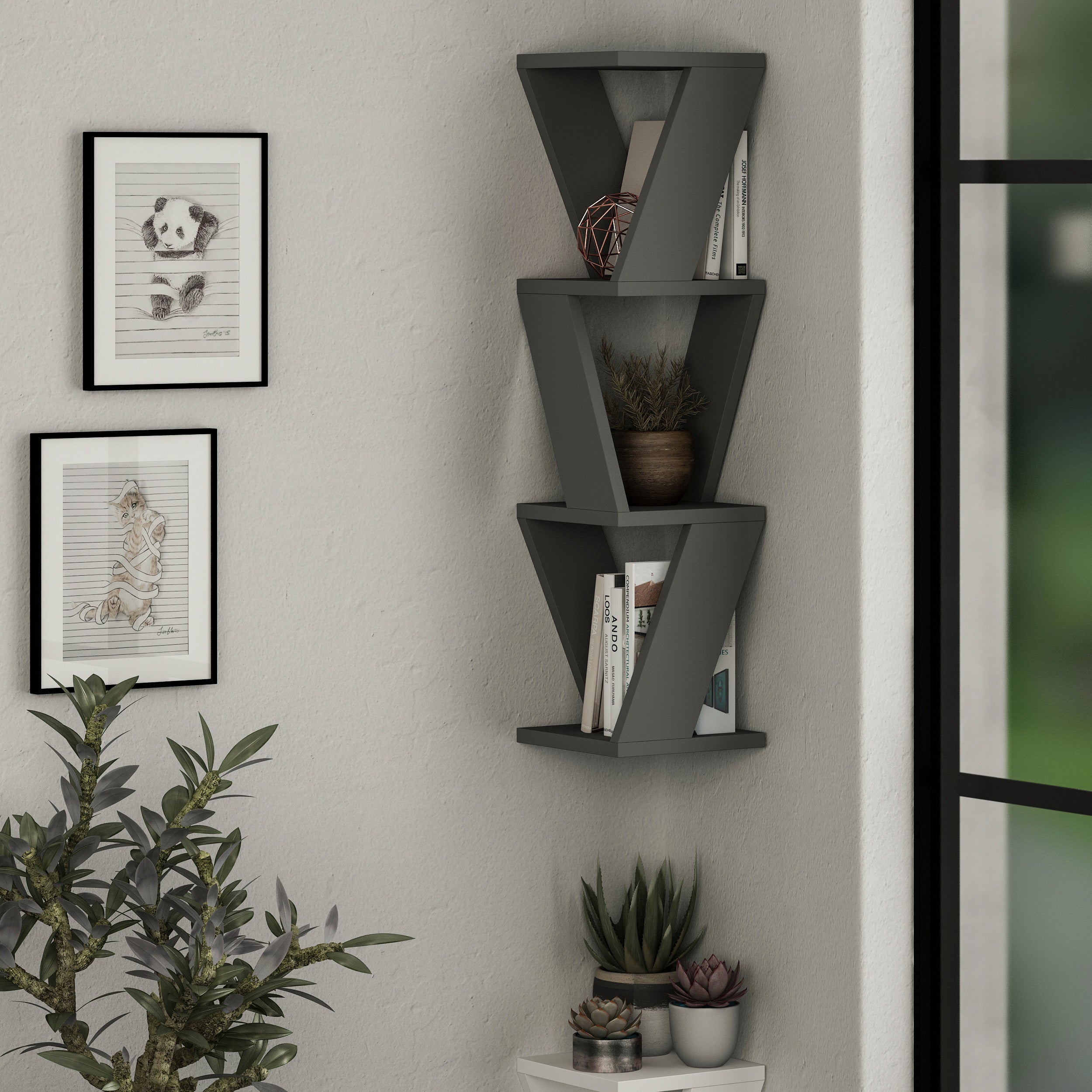 Zena Corner Wall Mounted Modern Bookcase Display Unit W 22cm - Decortie