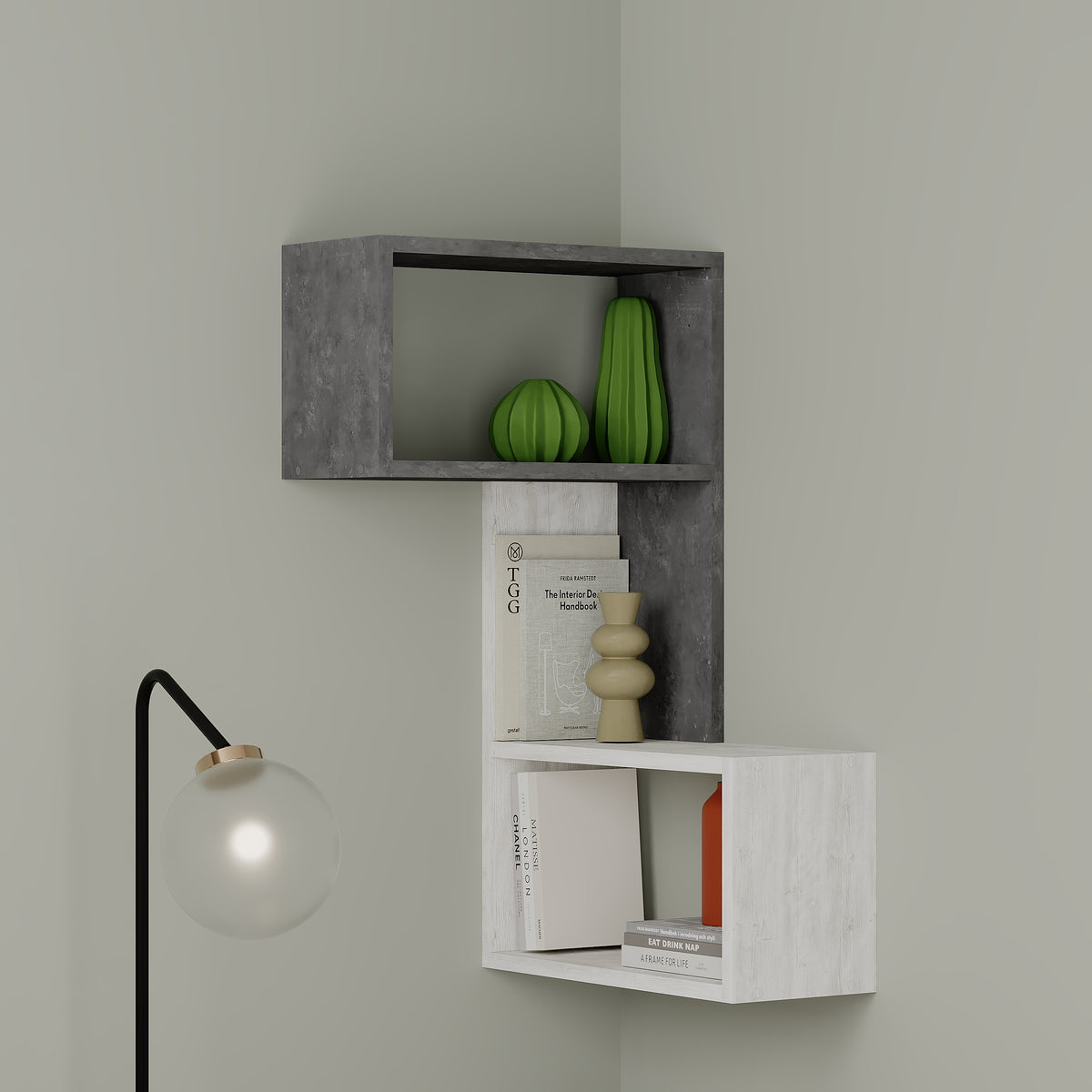 Part Modern Corner Shelf Narrow 82cm in Retro Grey, Ancient White