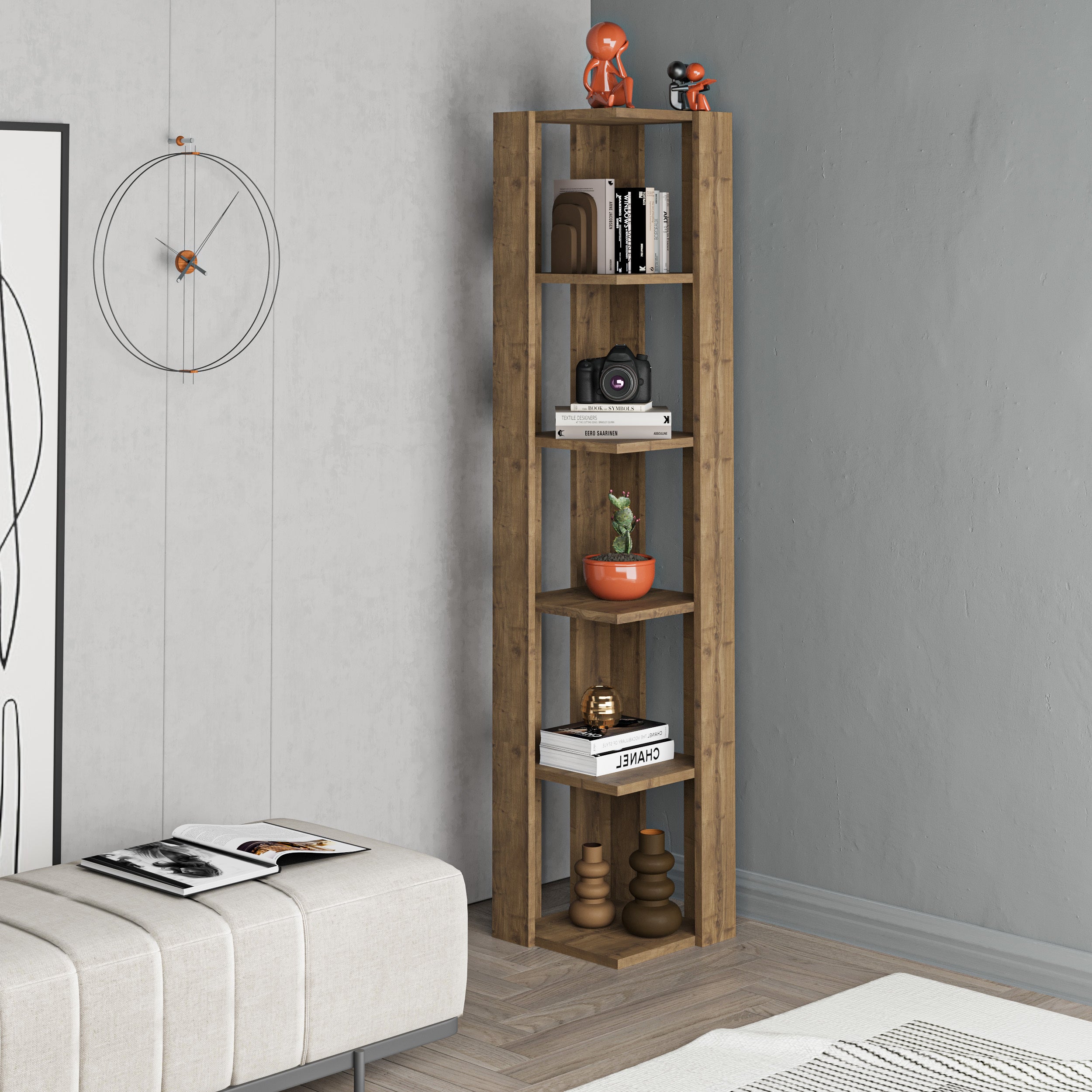 Nati Modern Corner Bookcase Display Unit Tall 161cm – Dark Oak