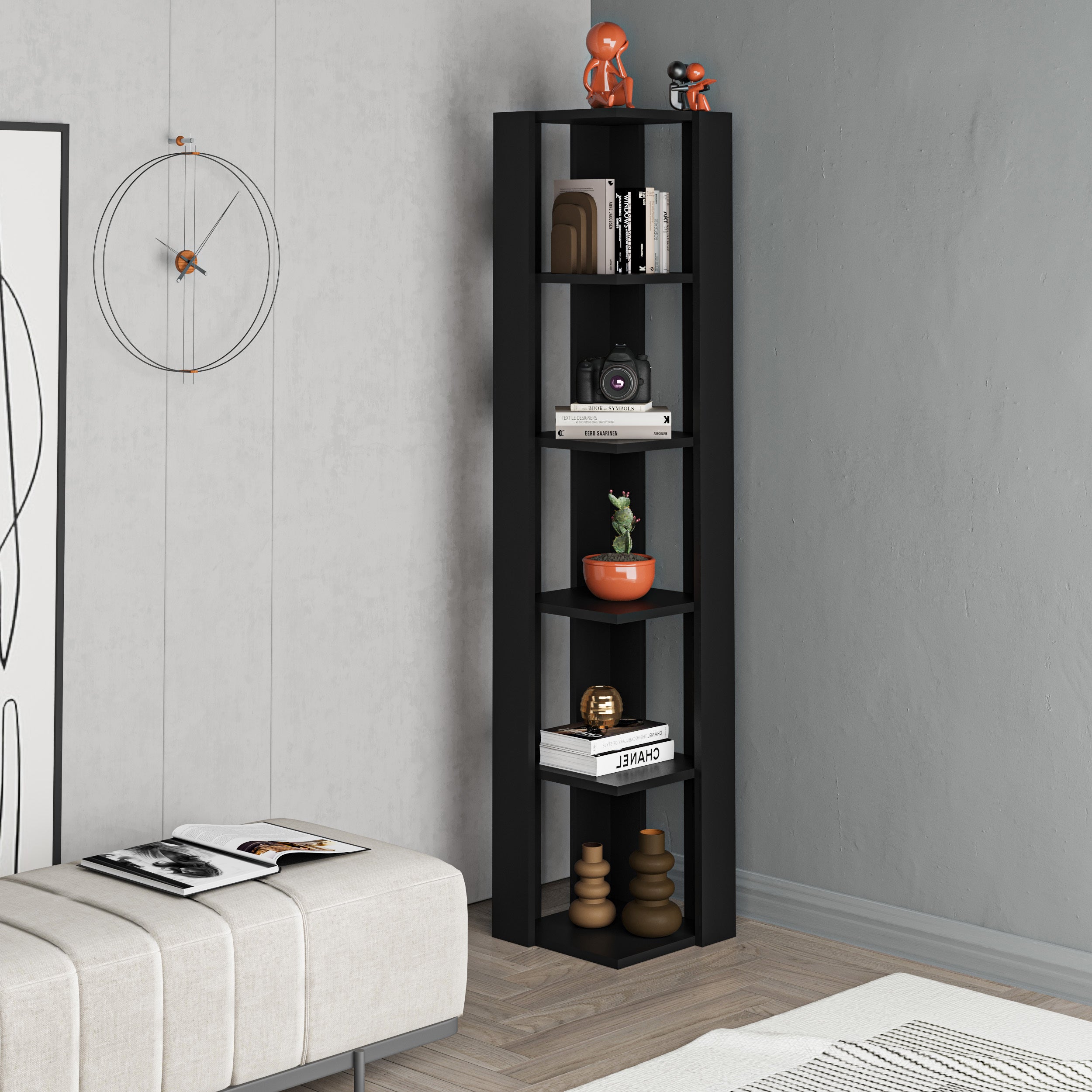 Nati Modern Corner Bookcase Display Unit Tall 161cm – Black Bute