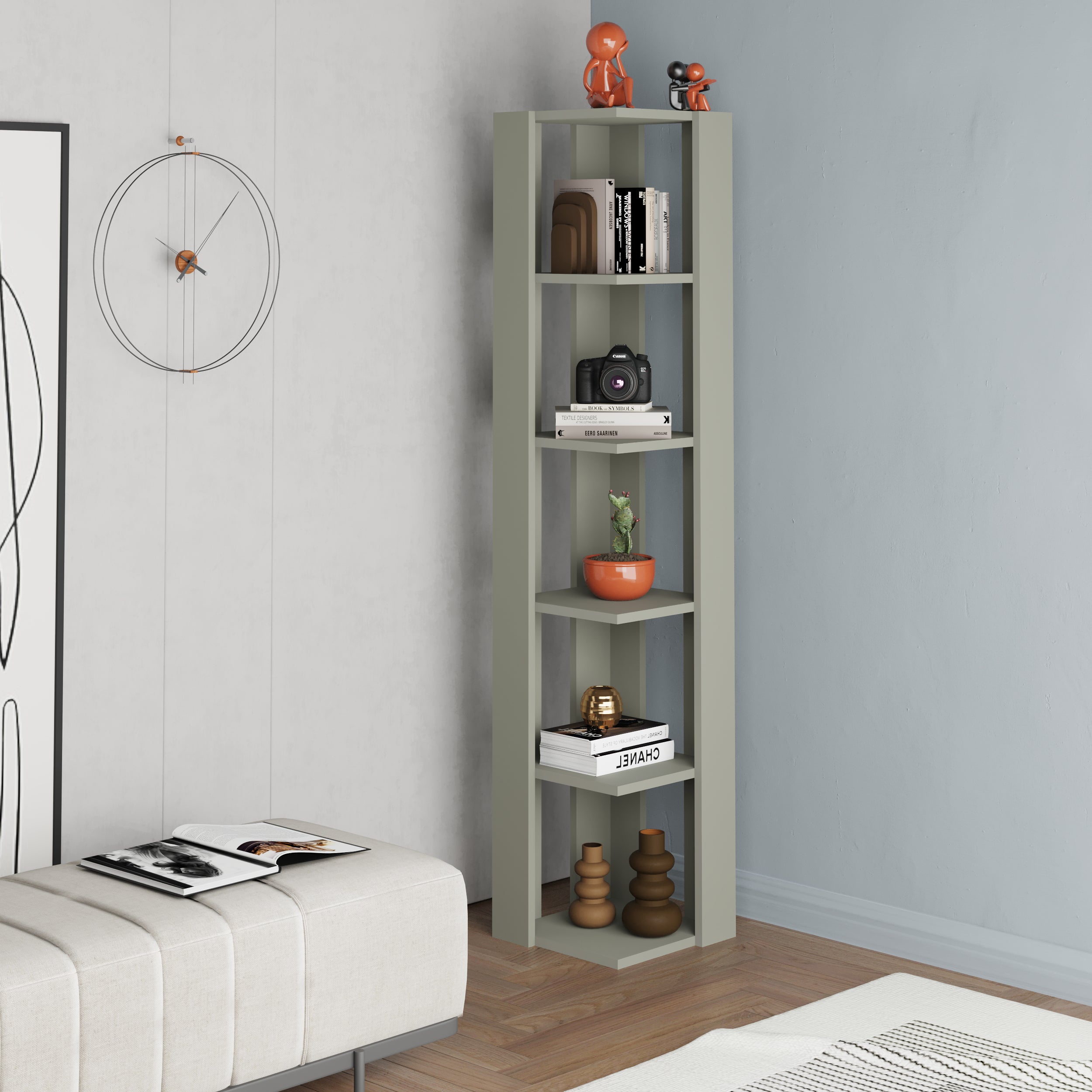 Nati Modern Corner Bookcase Display Unit Tall 161cm – Ash Green