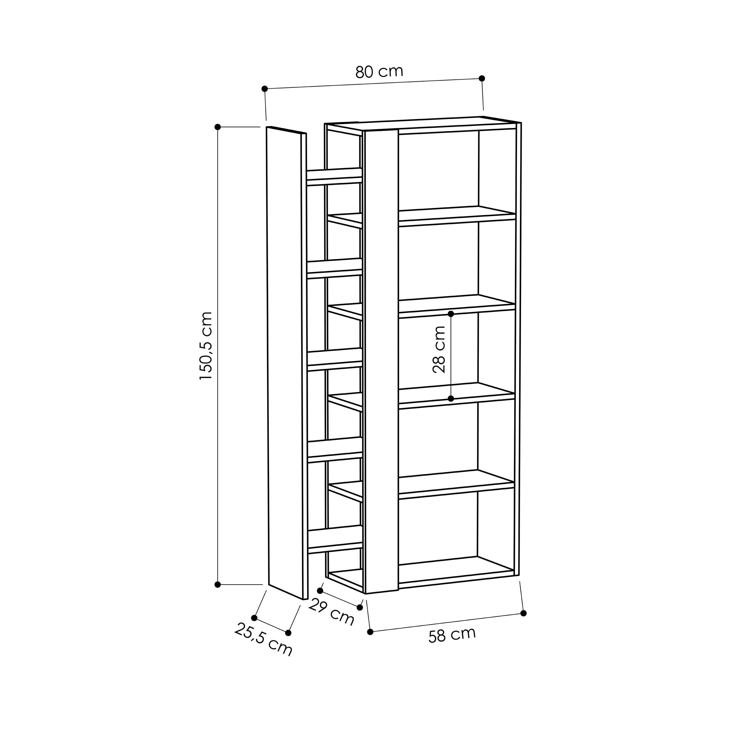 Lift Modern Bookcase Display Unit Tall 150.5cm – dimensions (cm)