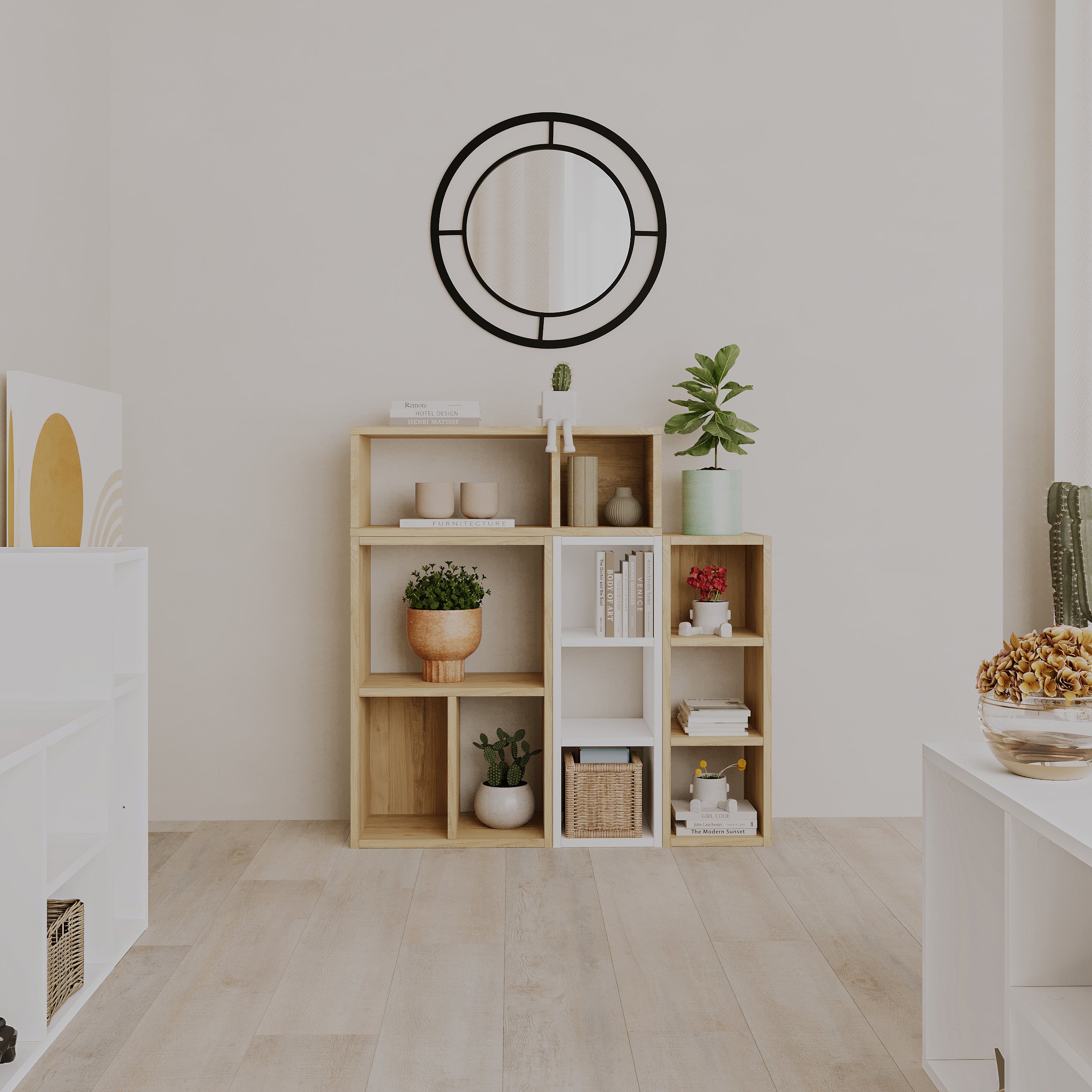 Combayn Big Low Standing Bookcase – detail view – modular living room bookcase – Decortie
