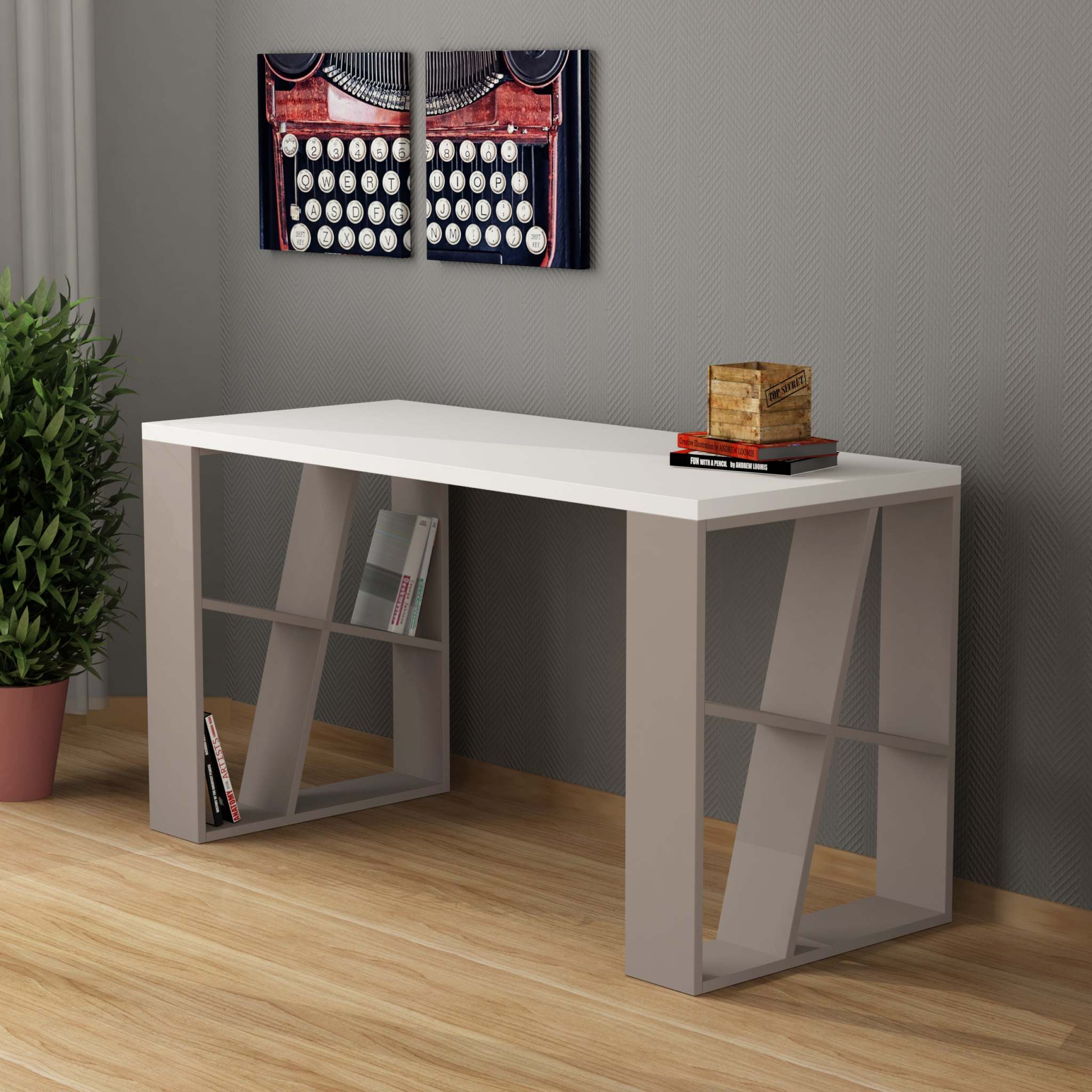 Honey Modern Desk With Bookshelf Legs Width 137cm - Decortie