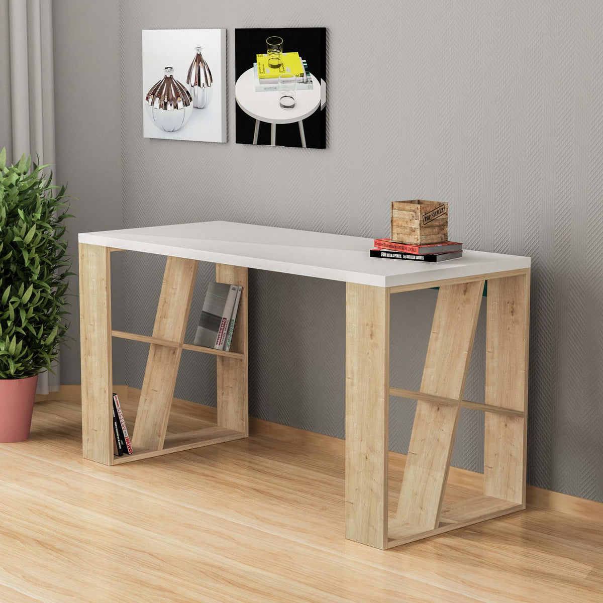 Honey Modern Desk With Bookshelf Legs Width 137cm - Decortie