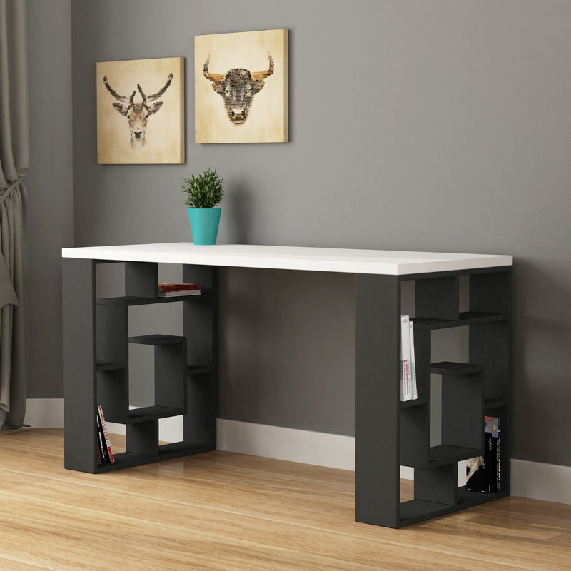 Labirent Modern Desk With Bookshelf Legs Width 137cm – Anthracite,White
