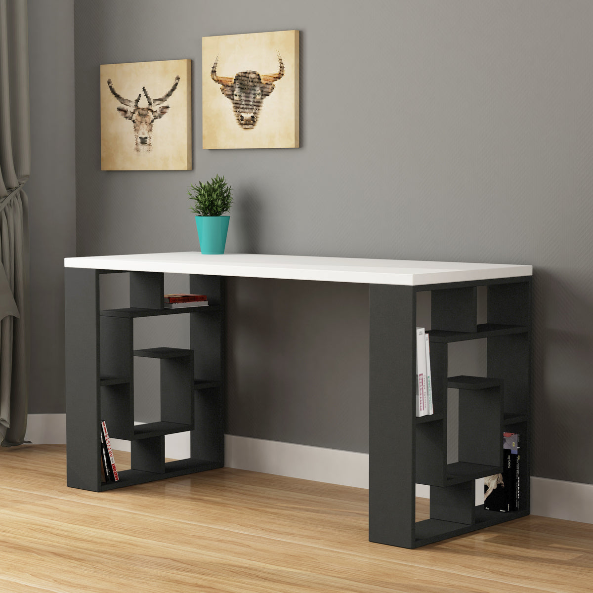 Labirent Modern Desk With Bookshelf Legs Width 137cm - Decortie